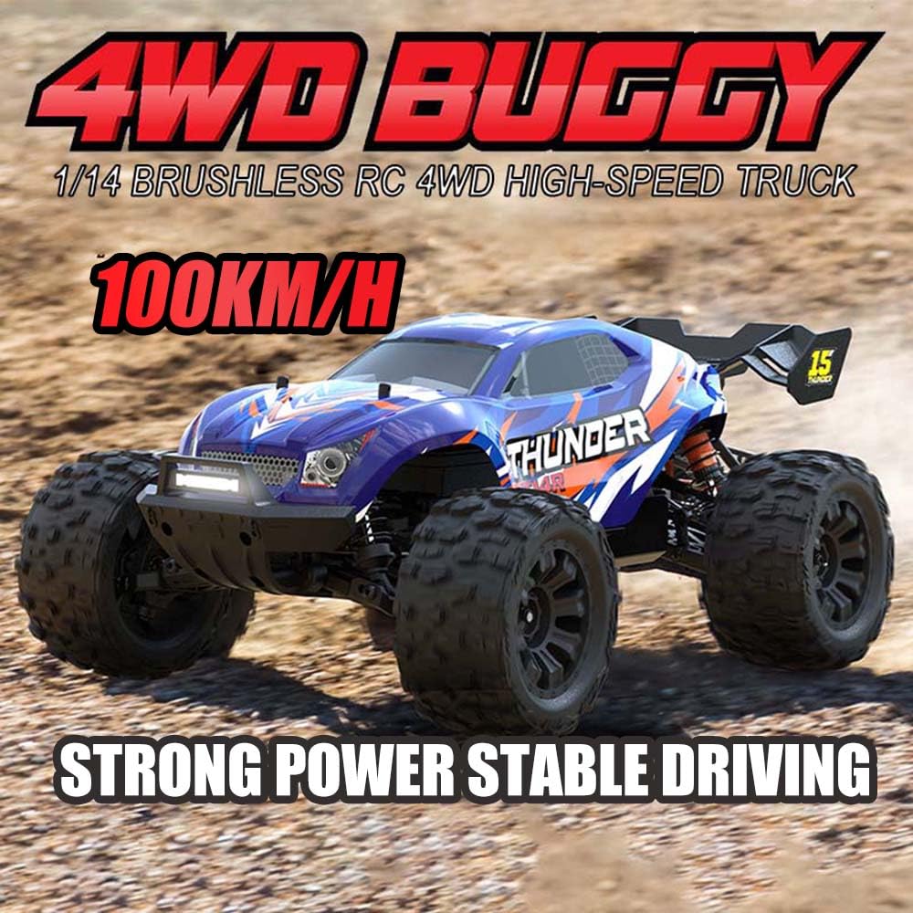 100 km/h Auto Telecomandata con Motore Brushless, 1:14 Camion Monster RC ad Alta Velocità Fuoristrada per Adulti, 4WD Tutto Terreno Auto RC, 3 Batterie (Blu)