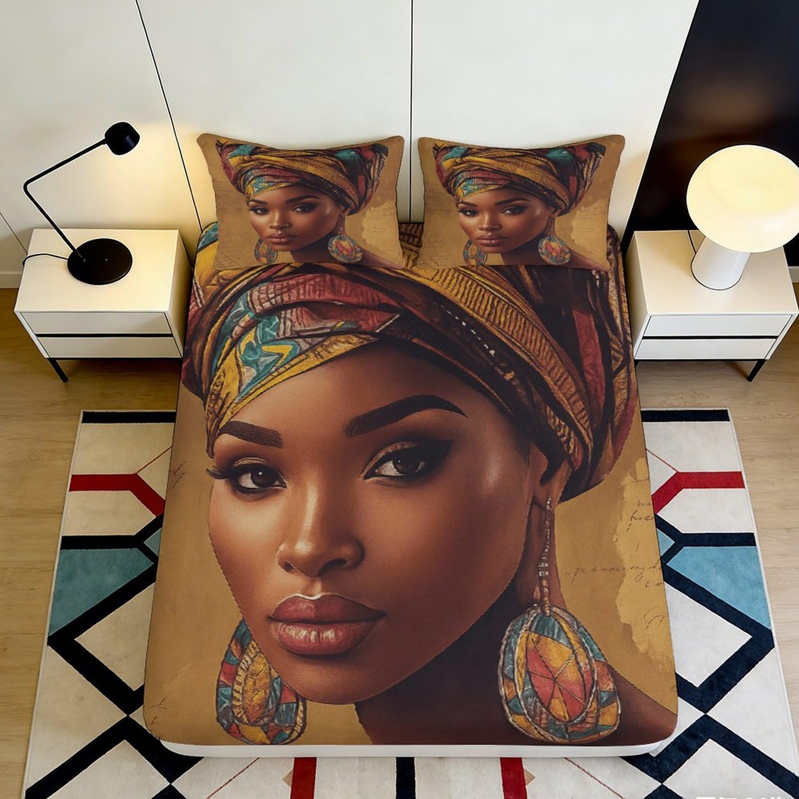 3D Printed African Woman Fitted Sheet Microfiber Soft Decorative Ethnic Art Mattress Cover Bedroom Dorm Decor 90x200x25cm