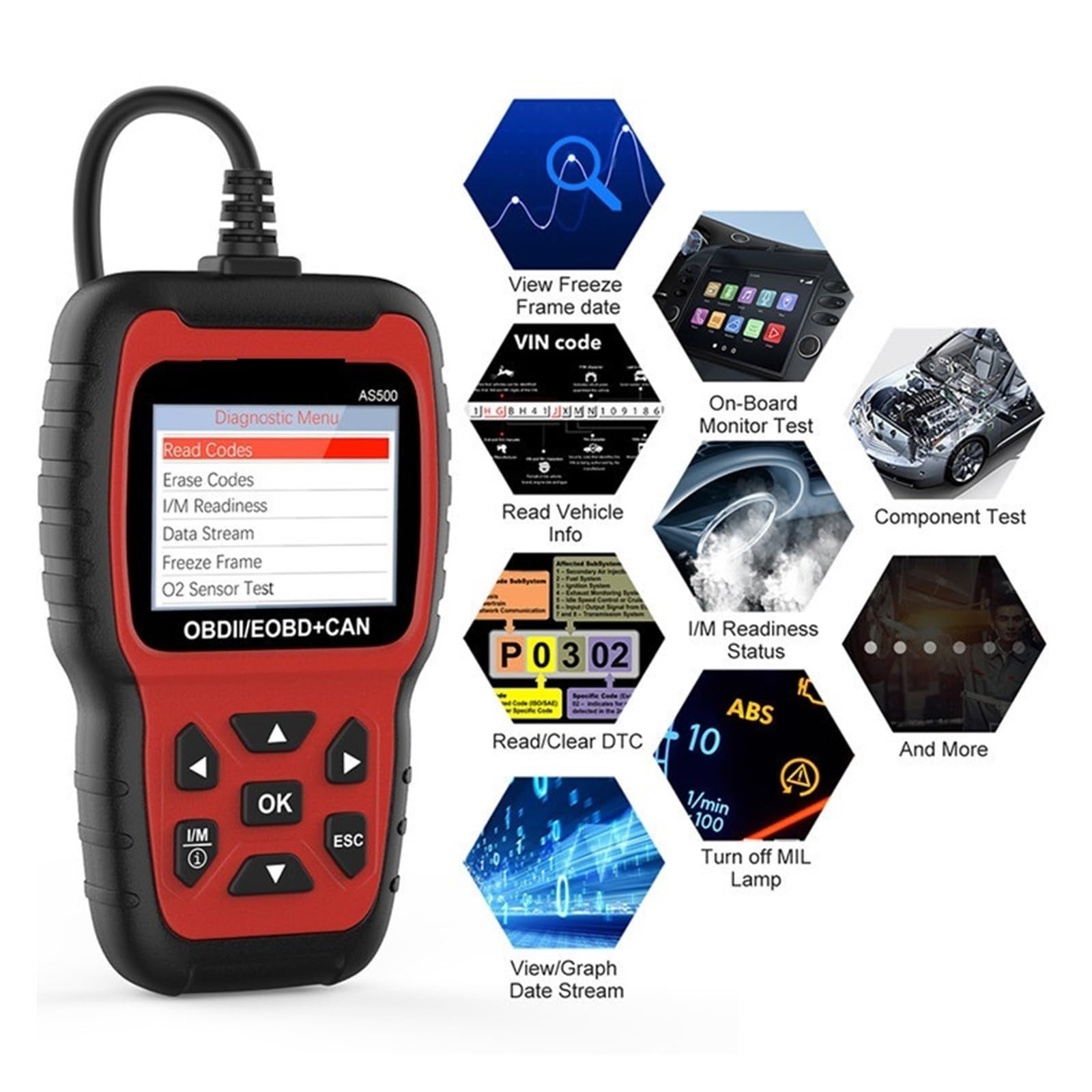 Czytnik kodów, AS500 Car OBD2 Scanner Czytnik kodów samochodowych Kontrola silnika OBD Automotive Narzędzie diagnostyczne samochodów do sprawdzania silnika samochodu