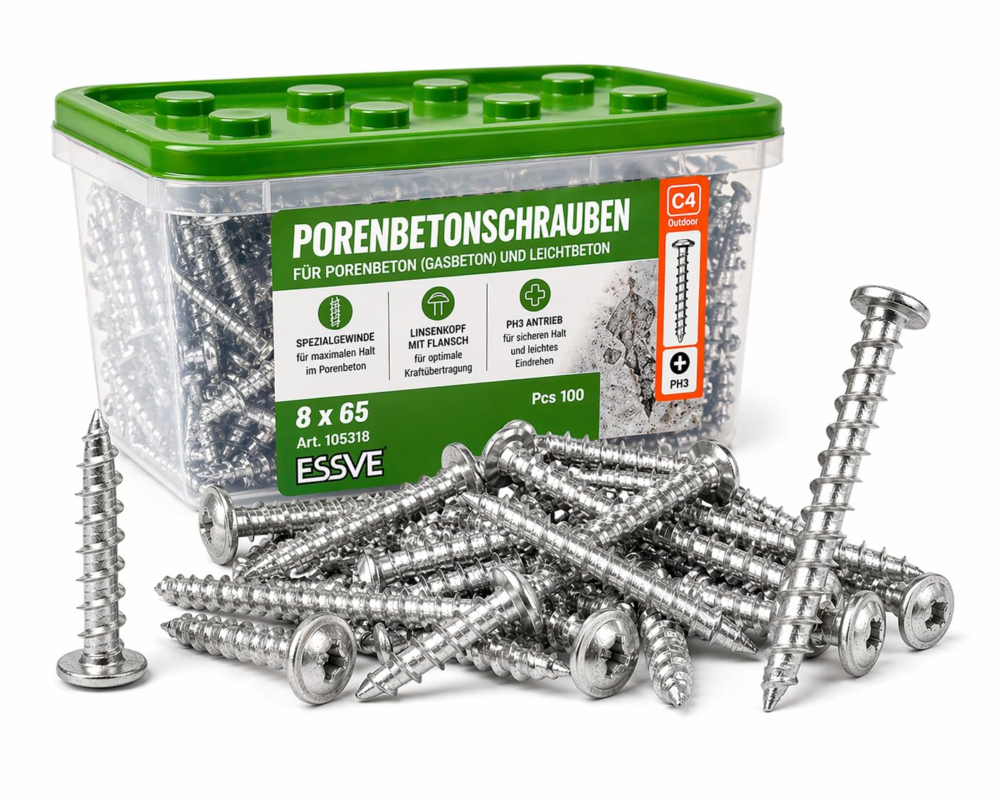 ESSVE Tornillos de hormigón celular 8 x 65 mm para hormigón ligero Ytong sin tacos, sin perforación previa, cabeza lenticular, brida C4, protección contra la corrosión para exteriores