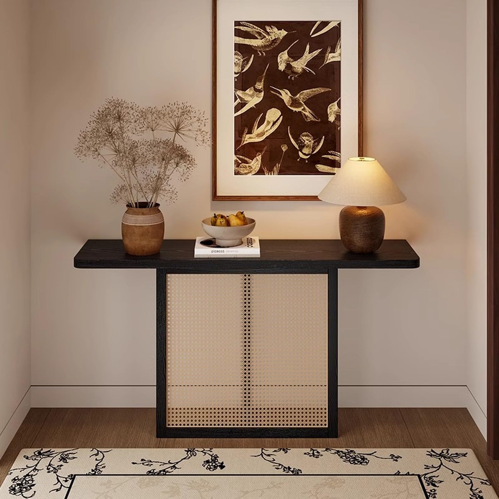 Console de Style campagnard en Bois Massif, Table d'entrée étroite et Longue, Table de Salon/Couloir/Hall d'entrée de Style bohème en rotin tressé, 99 cm (39 Pouces).