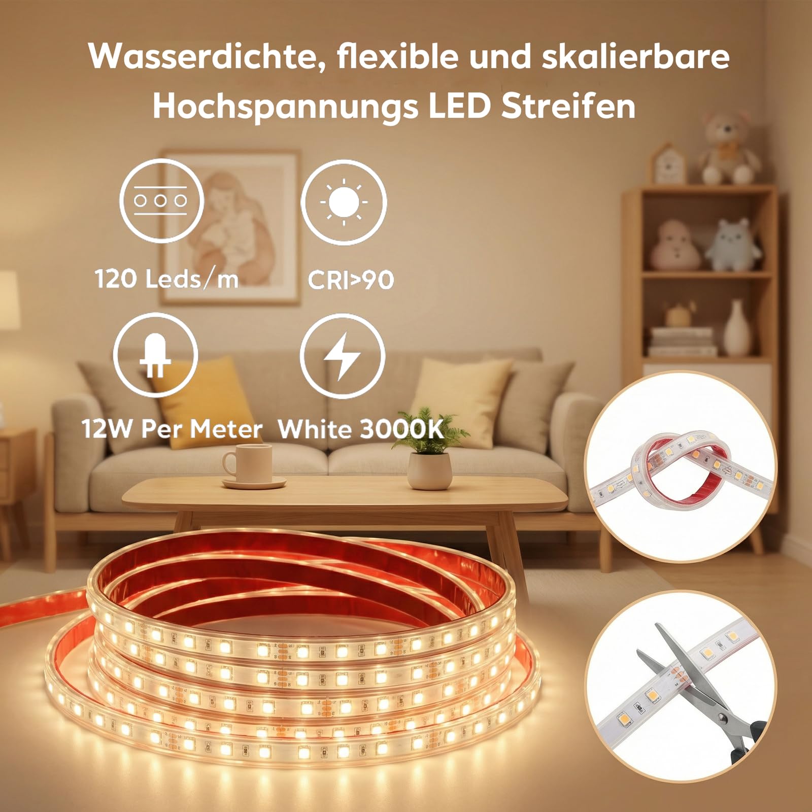 Outdoor LED Streifen 230V Warmweiß 5M Selbstklebend, SMD 2835 120 LEDs/m, 230V LED Strip für Garten & Fassade, IP67 Wasserdicht Lichtband (Warmweiß, 5 m)