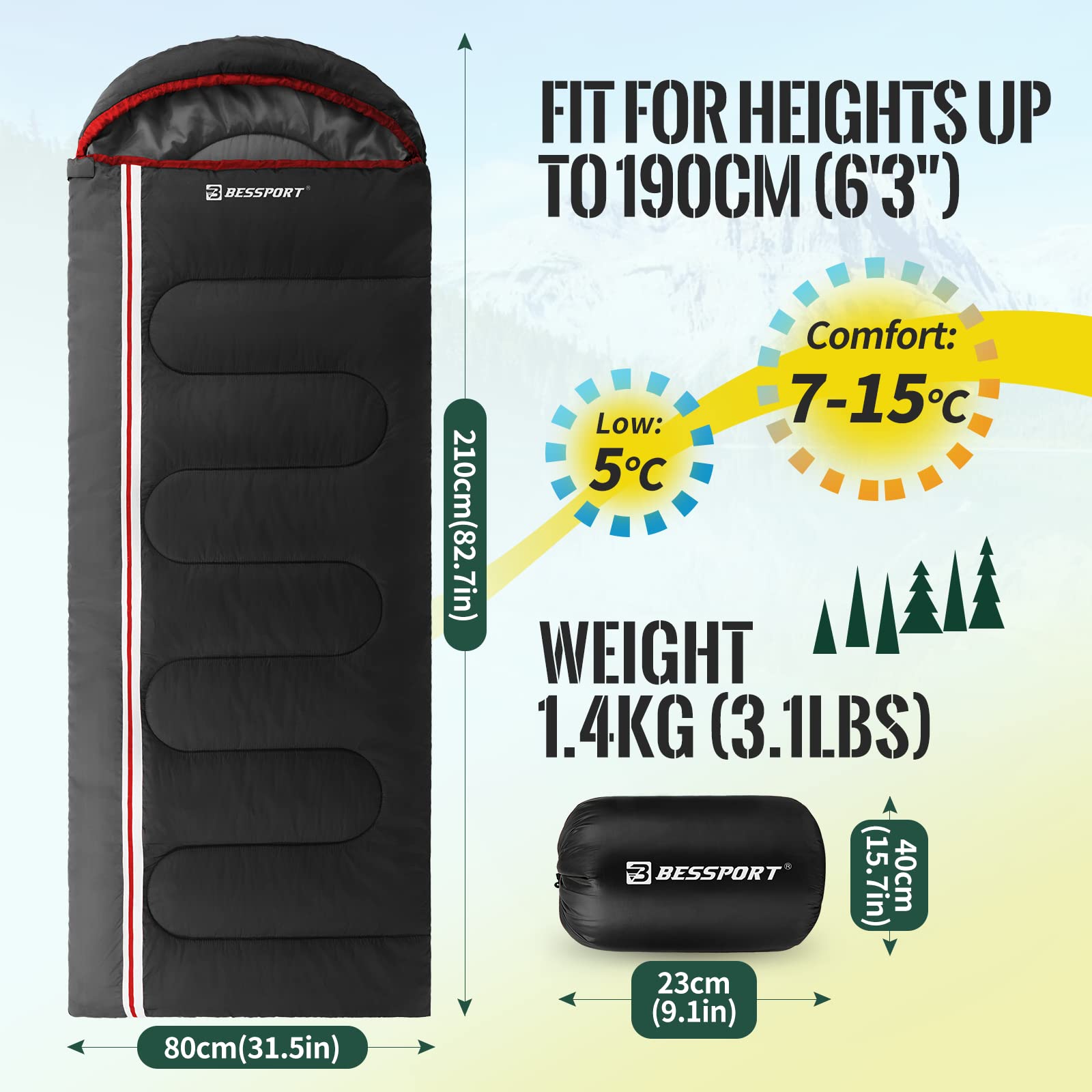 Bessport Sacos de Dormir Superligero Impermeable Sacos de Dormir con Bolsa de Compresión Adecuado para Acampar Hacer Senderismo y Otras Actividades al Aire Libre