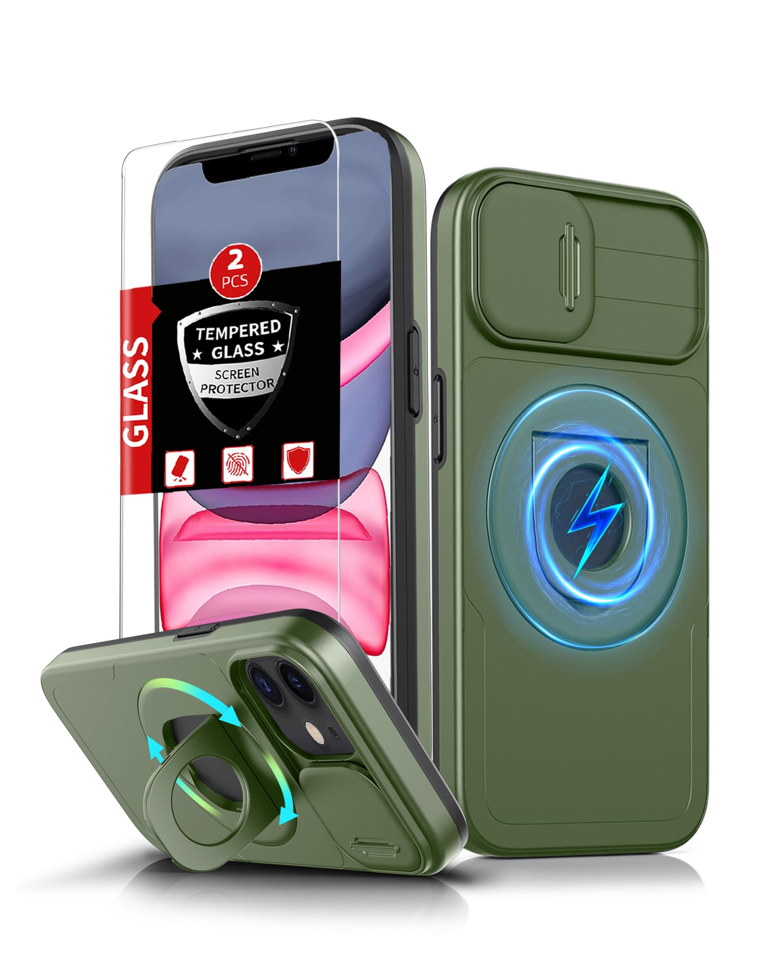 FRLMOOES for iPhone 11 Case/for iPhone XR Case Magnetic Compatible with MagSafe Wireless Charging,with 2 Screen Protectors,with Kickstand Ring+Camera Cover Shock-Absorbent Heavy Duty Protection Green