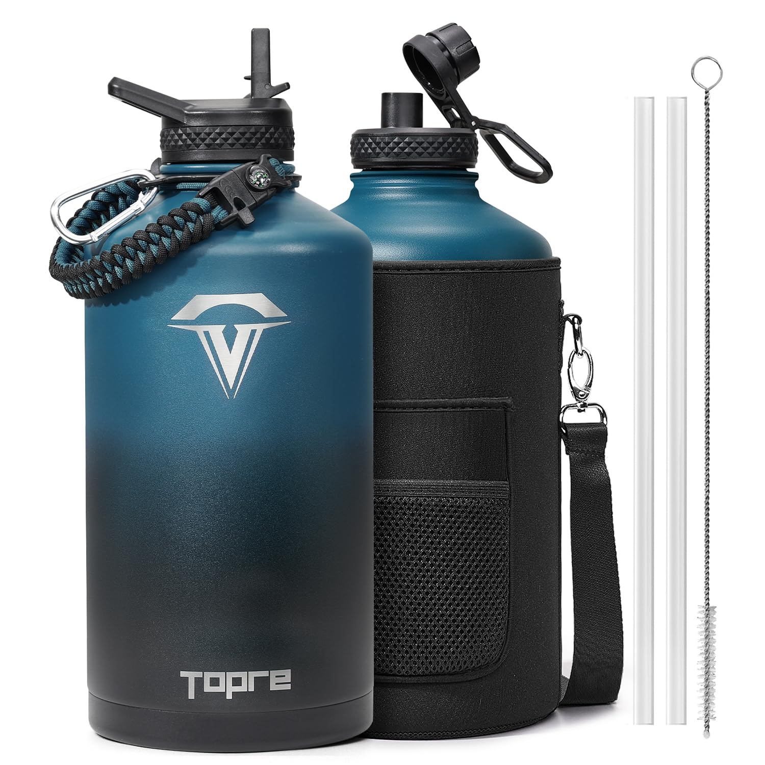 Topre 1 Gallonen-Wasserflasche, 3,6 l Isolierflasche, Edelstahl, Vakuum, kalt für 48 Stunden, BPA-frei und auslaufsicher, mit Paracord-Griff, Riemen, Strohhalm-Deckel, großer Krug für Fitnessstudio,