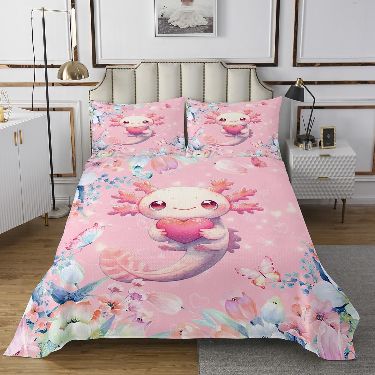 Feelyou Pink Cute Axolotl Bedspread Twin Size Kids Cartoon Salamander Coverlet Set for Boys Girls Flower Floral Print Quilted Coverlet Kawaii Reptile Animal Ocean Sealife Room Decor