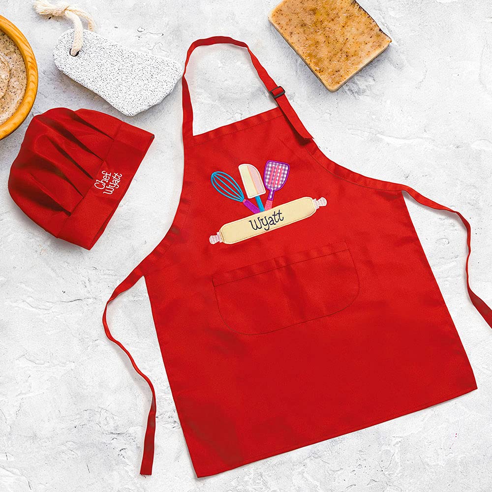 Getname Necklace Custom Kids Apron Set with Chef Hat Personalized Embroidered Apron - Childrens Apron and Chefs Hat Cooking Apron Baking Apron Birthday Christmas Gift