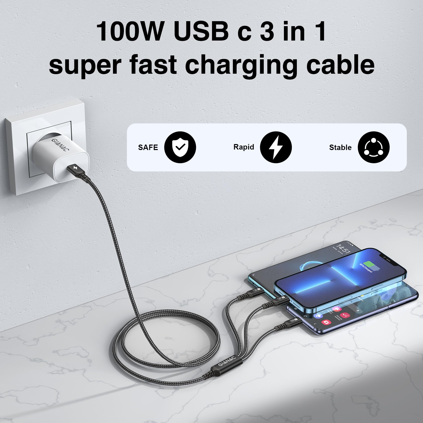GIANAC 100W Cavo USB C Ricarica Multiplo [1.2M] Cavo Ricarica Multiplo,USB C a USB C PD [100W]+USB C a Lightning[27W]+USB C a Micro [10W] per Galaxy,Huawei,MacBook,iPhone 15 14 13