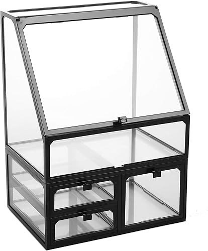 MOOCHI Organizador de maquillaje cosmético de vidrio vintage negro con 3 cajones, juego de polvo impermeable para cosméticos, vitrina de