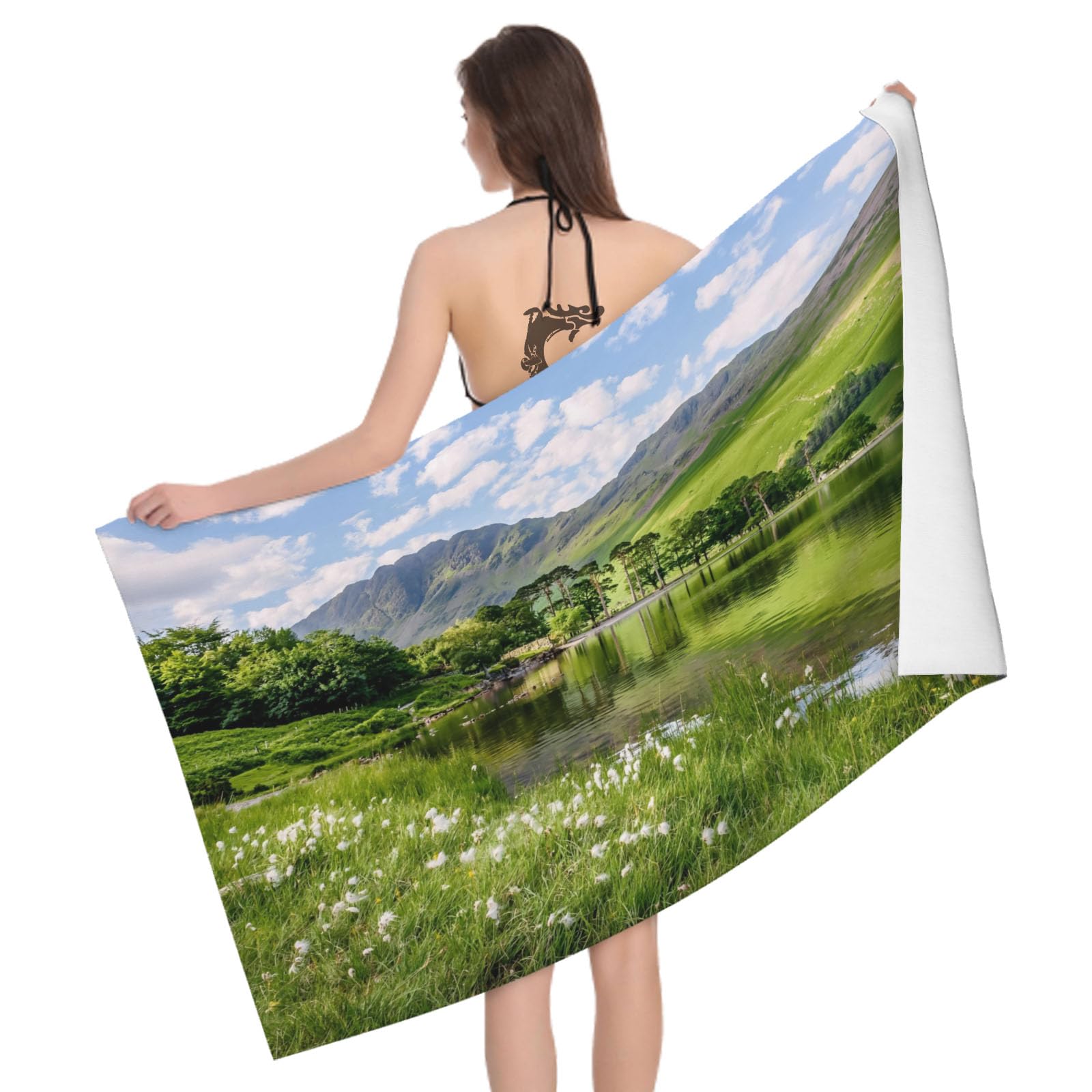 Leichong 3D Lake Beach Towel Microfiber Soft Quick Dry for Adults, Nature Scene Bath Towel Lightweight Soft Absorbent for Travel Swimming Pool Sports, 75 x 150 cm