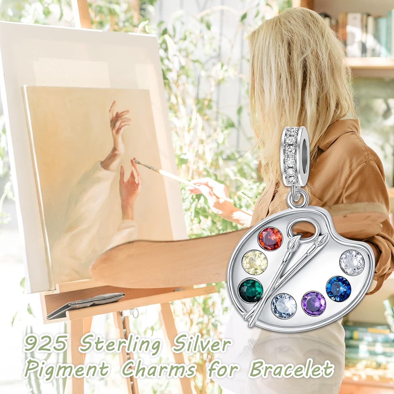 Paint Palette and Brush Charms for Bracelet - 925 Sterling Silver Artist Jewelry Gifts for Women - Colorful Painter Charm