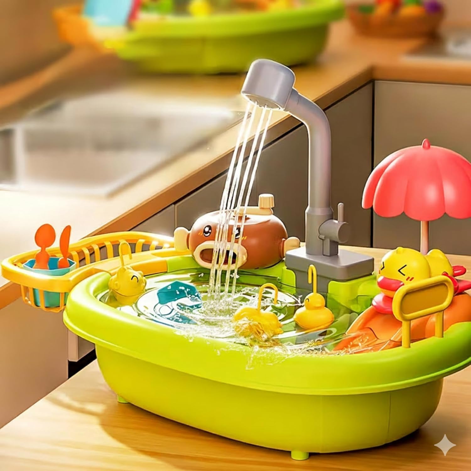 Water Sink Toy with Bubble Machine and Wind-Up Swimming Duck | 2-in-1 Kitchen Sink, Fishing Game Included, Pretend Play Set, Kids Kitchen Toy-picture-12