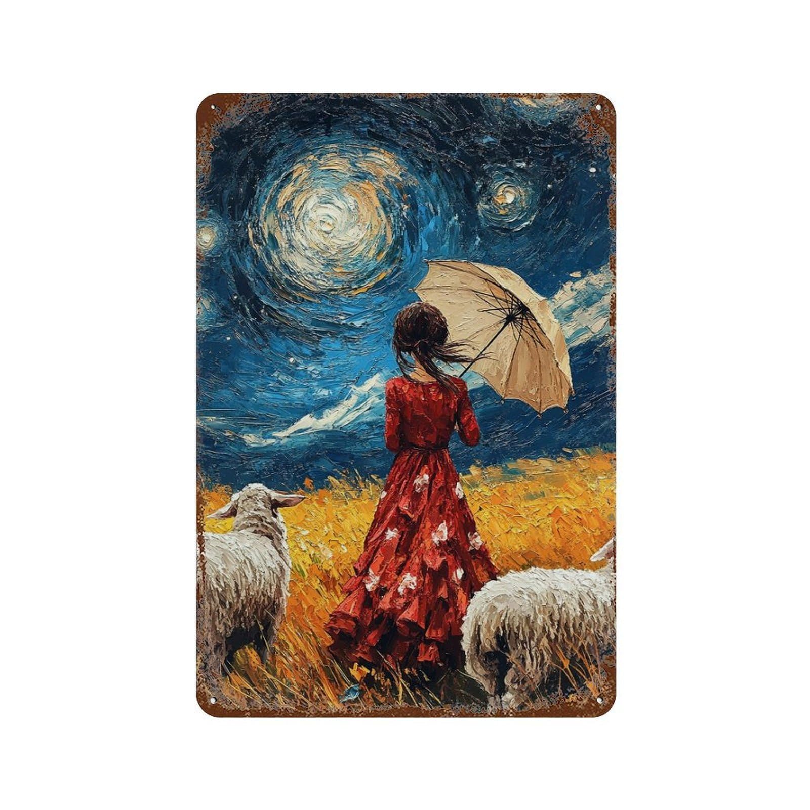 Starry Night Shepherdess Distressed Metal Wall Sign 11.8"x7.9", Ideal for Garage, Bar And Workshop Decor