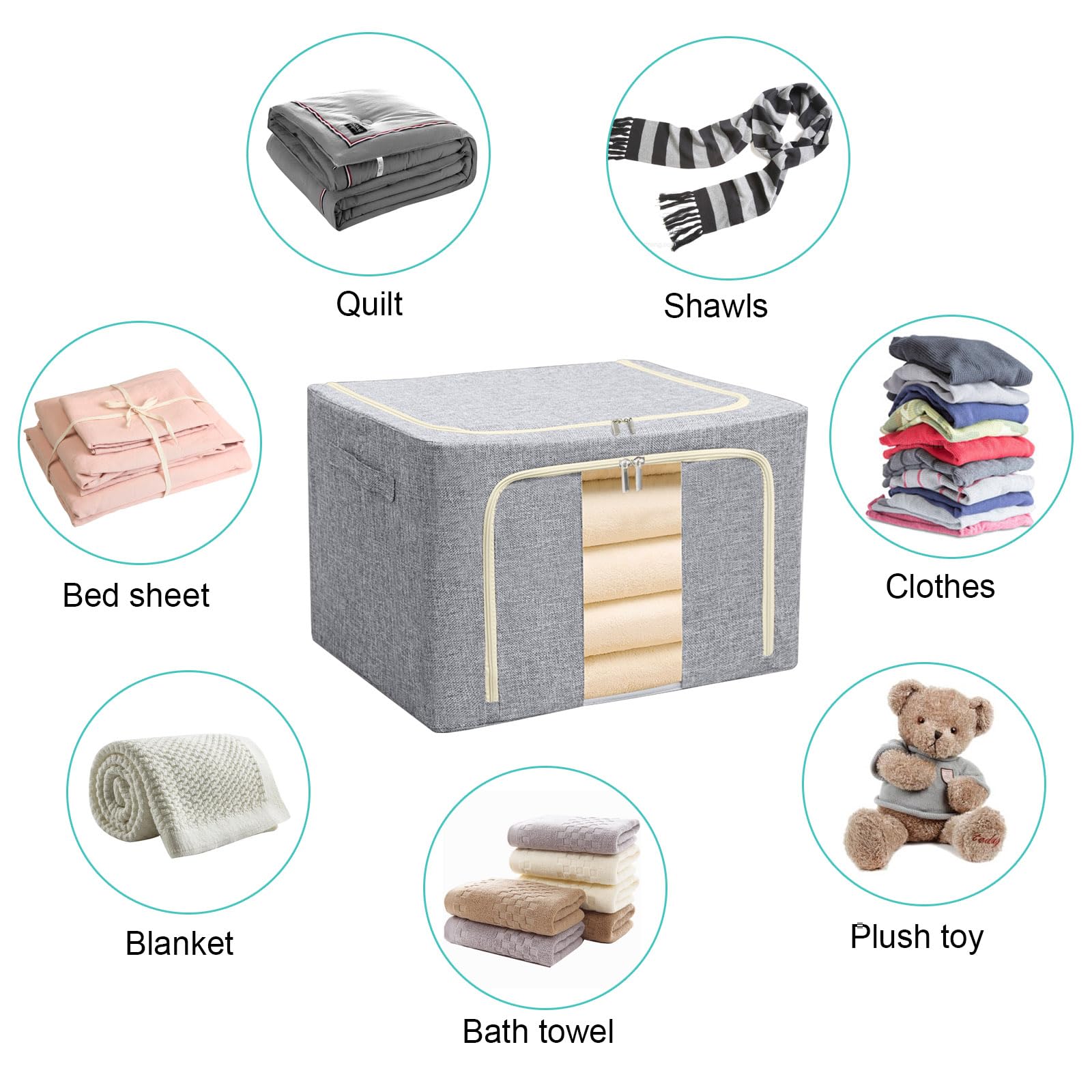 BOMEI PACK 2 Packs Clothes Storage Box Closet Wardrobe,Dormitory Underbed Foldable Grey Organizer Sturdy Boxes durable with Metal Frame,Two Zippers,Reinforced Handles,Clear Front Window - Image 3