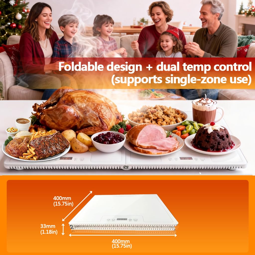 Bandeja calentadora de alimentos de doble zona, placa de calentamiento de escritorio ensamblable con control táctil, bordes resistentes al calor y base aislada, superficie a prueba de manchas para
