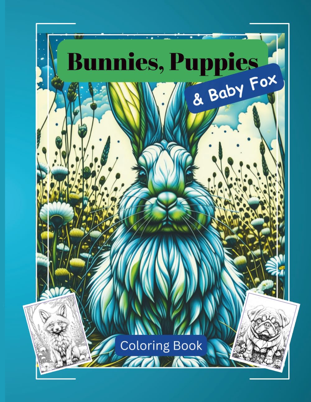 Bunnies, Puppies & Baby Fox: Adult Coloring Book