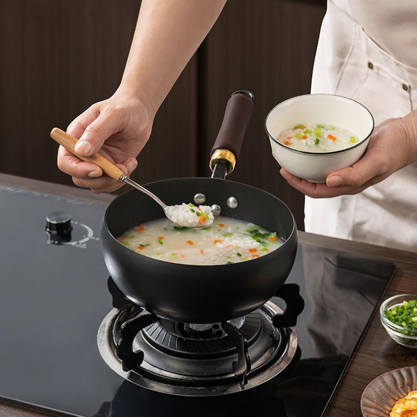 Générique Poêle Fonte, Wok Chinois Fabriqué À La Main En Fonte Avec Couvercle Et Poignée En Bois, Poêle Antiadhésive, Sans Revêtement Pour Cuisinière À Gaz Et À Induction
