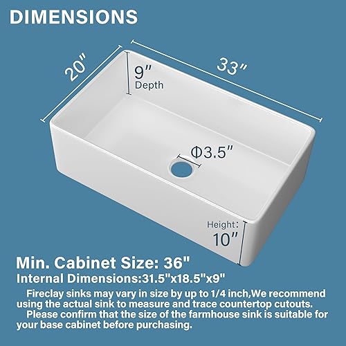 Miniatura 8 de Fregadero de granja de 33 x 20 pulgadas, fregadero de granja blanco, fregadero de cocina de granja, fregadero de cocina de granjero, fregadero de