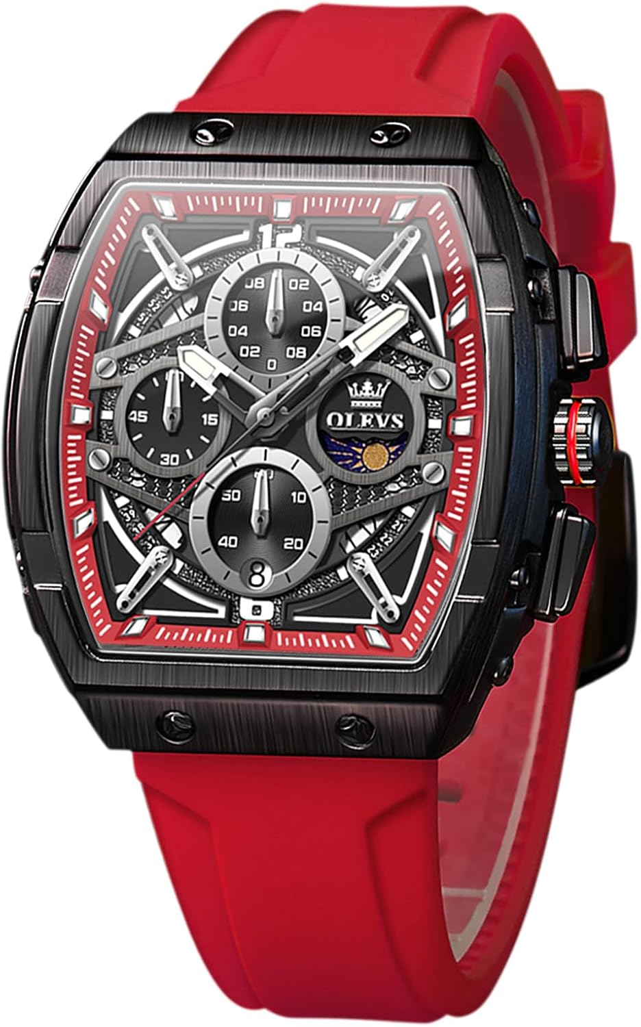 OLEVS Tonneau Square Mens Watches, Fashion Large Face Silicone Band Watches for Men, Multifunctional Chronograph Quartz Men Waterproof Watch