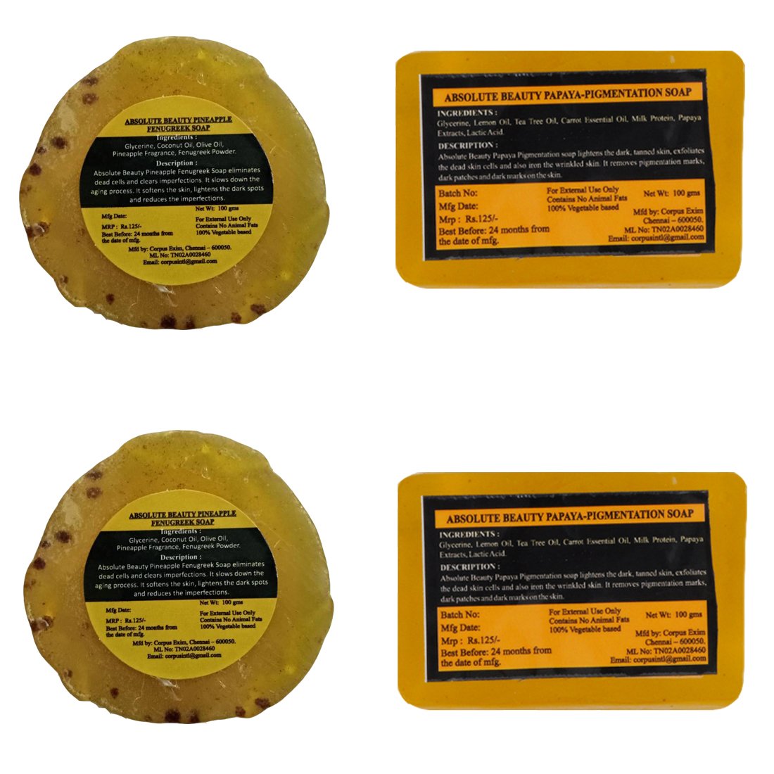 Absolute Beauty Pineapple Fenugreek & Papaya Pigmentation Clear Blemish Free Spot Removal Soap, 100 g (Pack of 4) with Red Sandal Soap, 100g