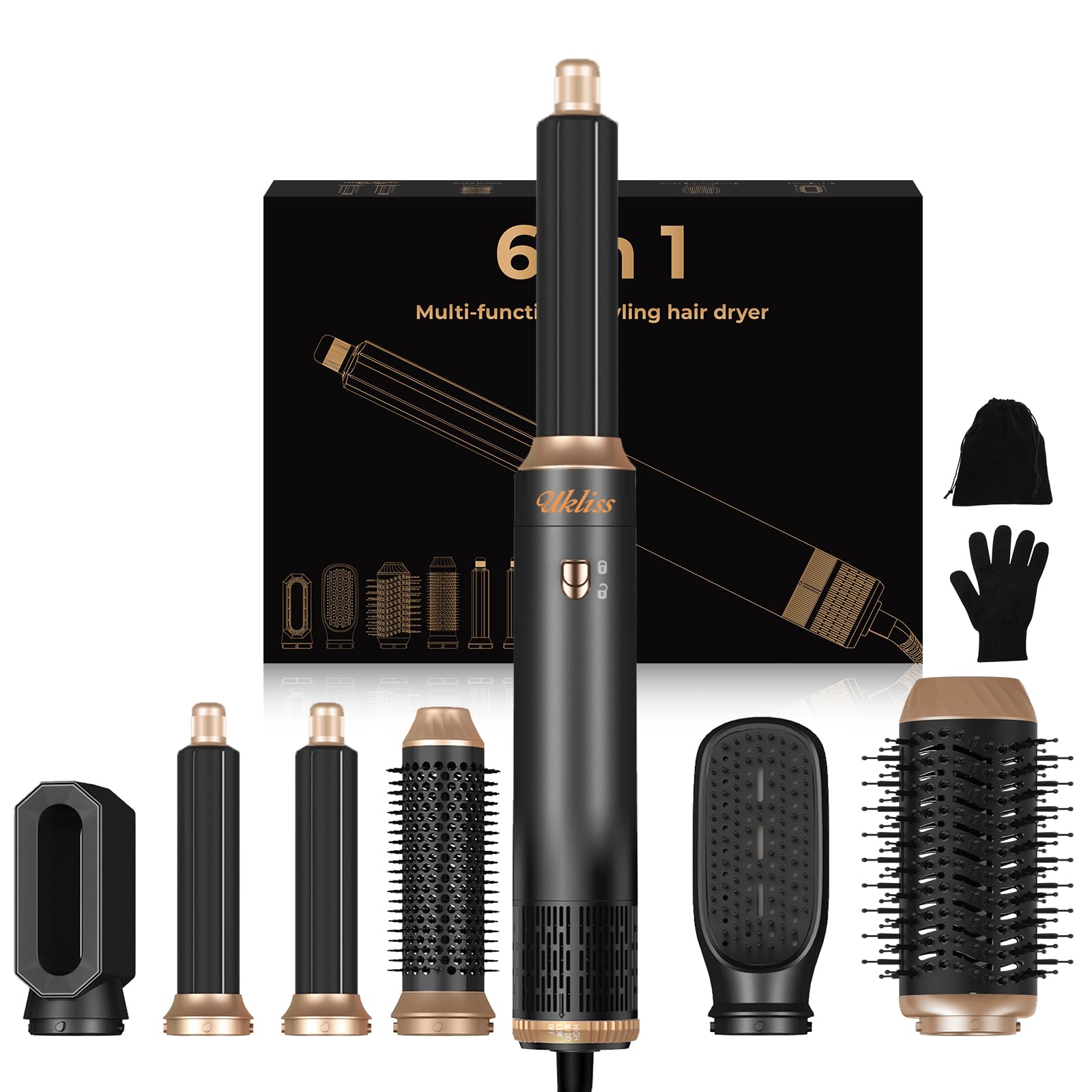UKLISS Hairstyler 6 In 1 – Heißluftbürste, Lockenstab, Föhn, Volumenbürste In Einem