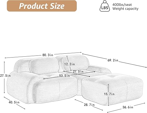 Miniatura 2 de Sofá biplaza moderno de 80 pulgadas para sala de estar, sofá modular de pana con asiento profundo, sofá biplaza camello con 1 otomana, sofás para
