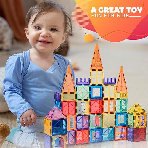 Miniatura 4 de Happy Little Wonders Juego de construcción magnética de lujo de 100 piezas con 2 coches, azulejos magnéticos para niños, juguetes sensoriales de