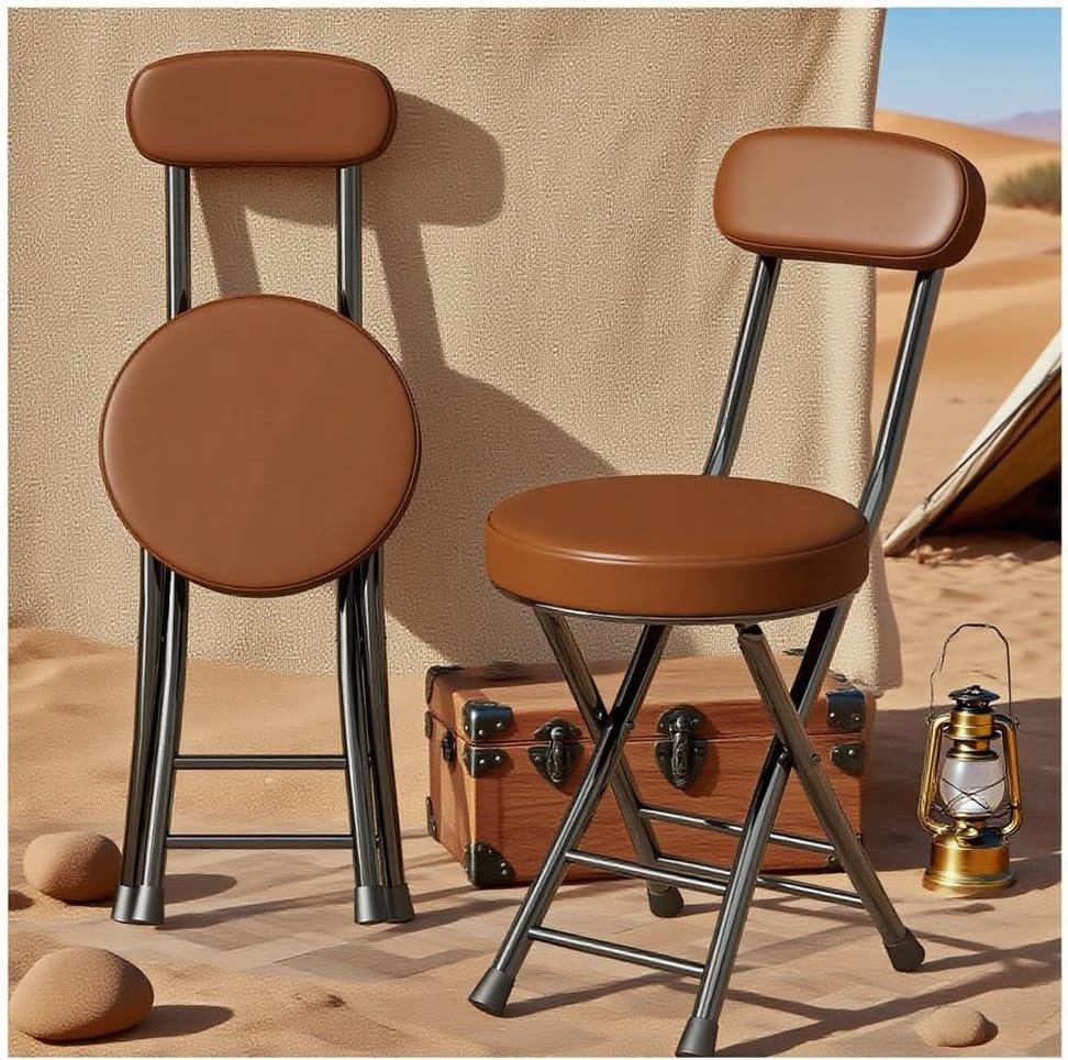 2 Pcs Tall Folding Bar Stools with Backrest, Portable Padded Leather Chairs for Kitchen Island, Cafe, Dining Room - Adjustable Height, Black & Brown