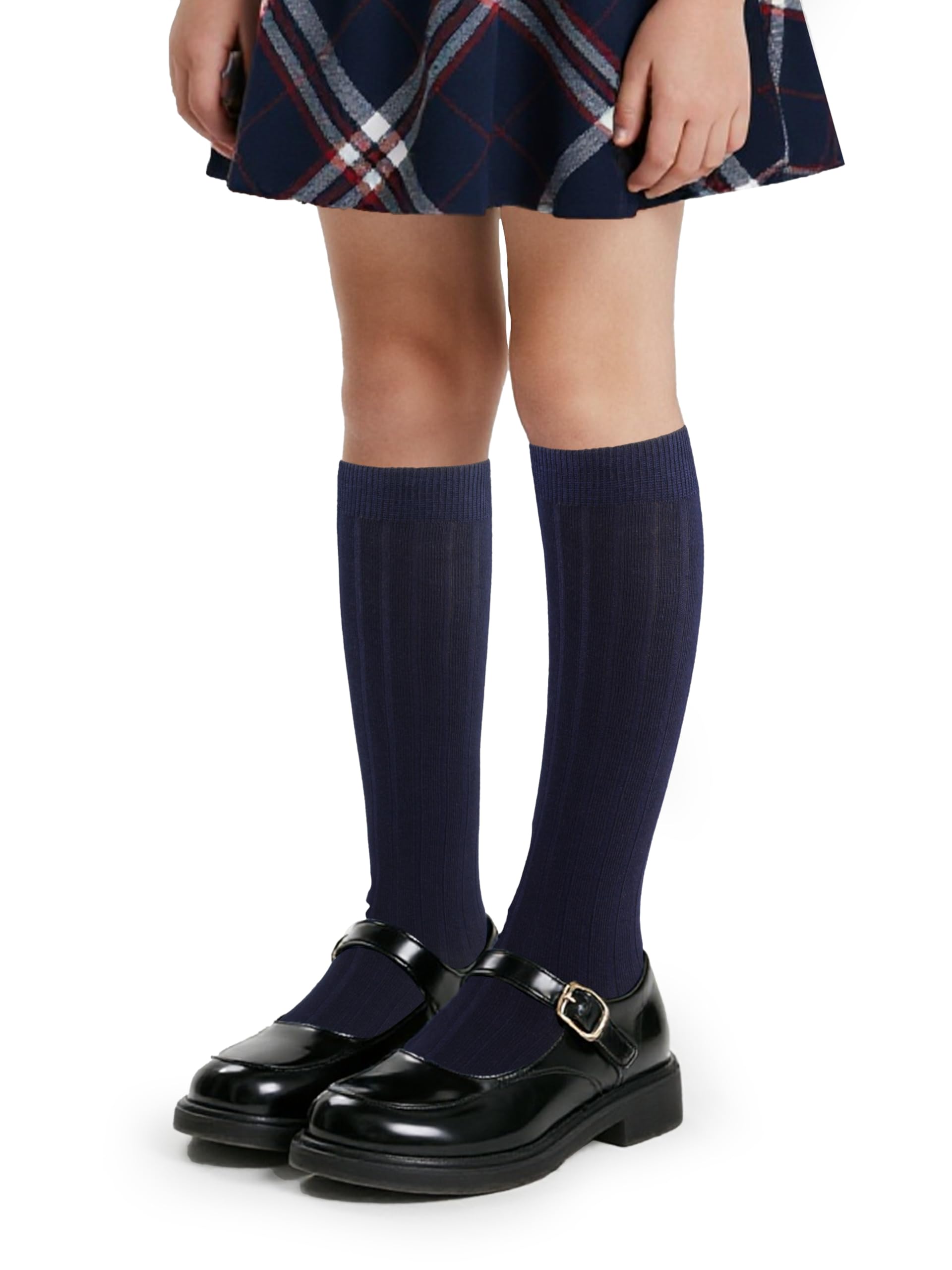 COTTON DAY Kids Girls Unisex Knee High School Uniform Dress Socks Seamless Toe 3 Pack Black White Navy Blue Gray