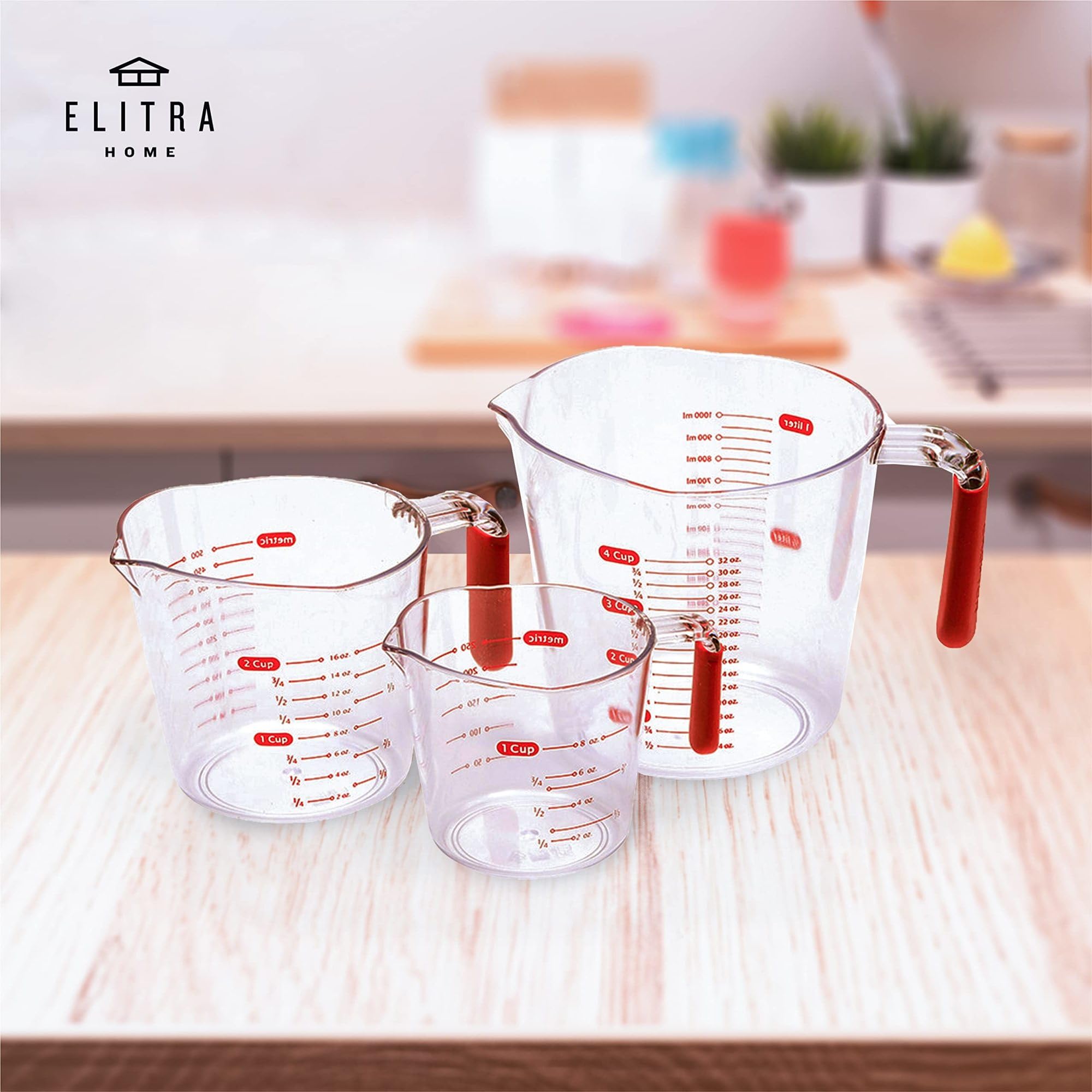 Elitra Home Komplettes Messset, 13er-Pack Edelstahlbecher, Löffel, Kunststoff-Messkrüge mit Ausgießer, gravierte Messungen, rutschfeste Griffe, Koch- und Backutensilien