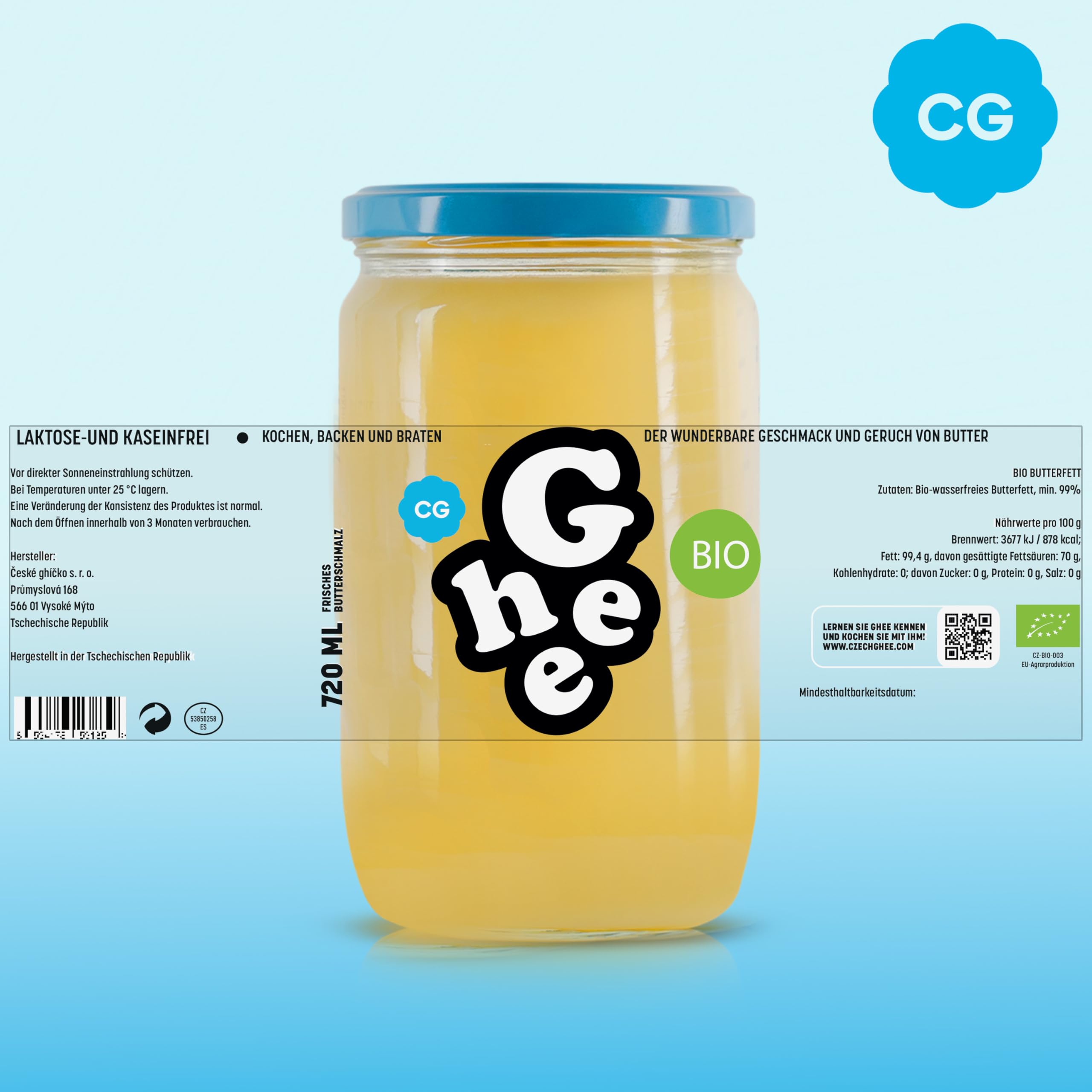 Ghee Bio Butterschmalz 590 g, Geklärte Butter, Laktosefrei | Grasgefüttert, Ayurveda-Qualität, zum Braten Kochen Backen, glutenfrei, ohne Zusatzstoffe, Great Taste Award, 100% EU
