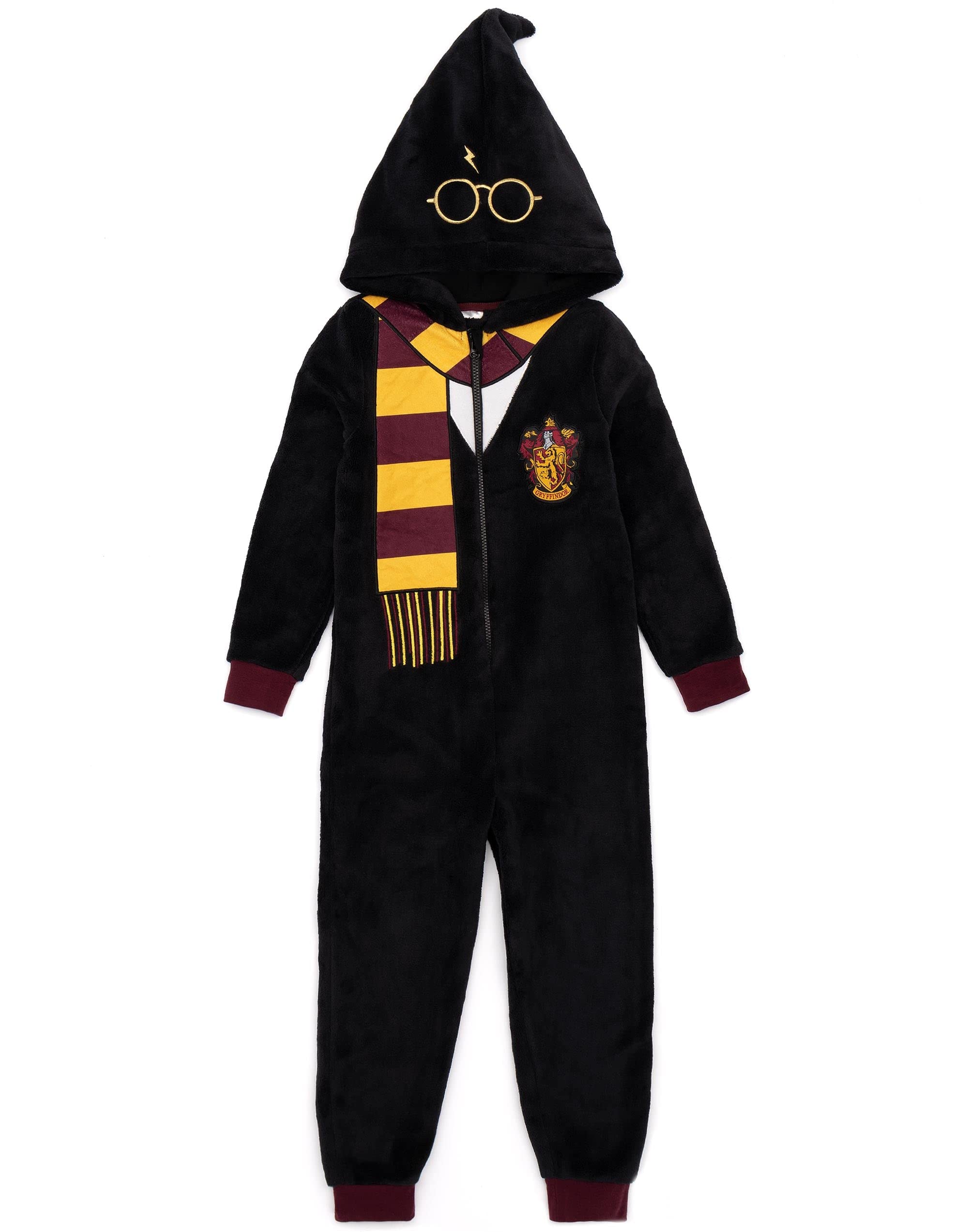 Harry Potter Boys Black Kids Onesie In | All In One Pyjama Loungewear For & Girls | Hogwarts Gryffindor Wizard Hat Hood Uniform Pj | Scarf Glasses Soft Fleece With Zip | Childrens Merchandise Gift