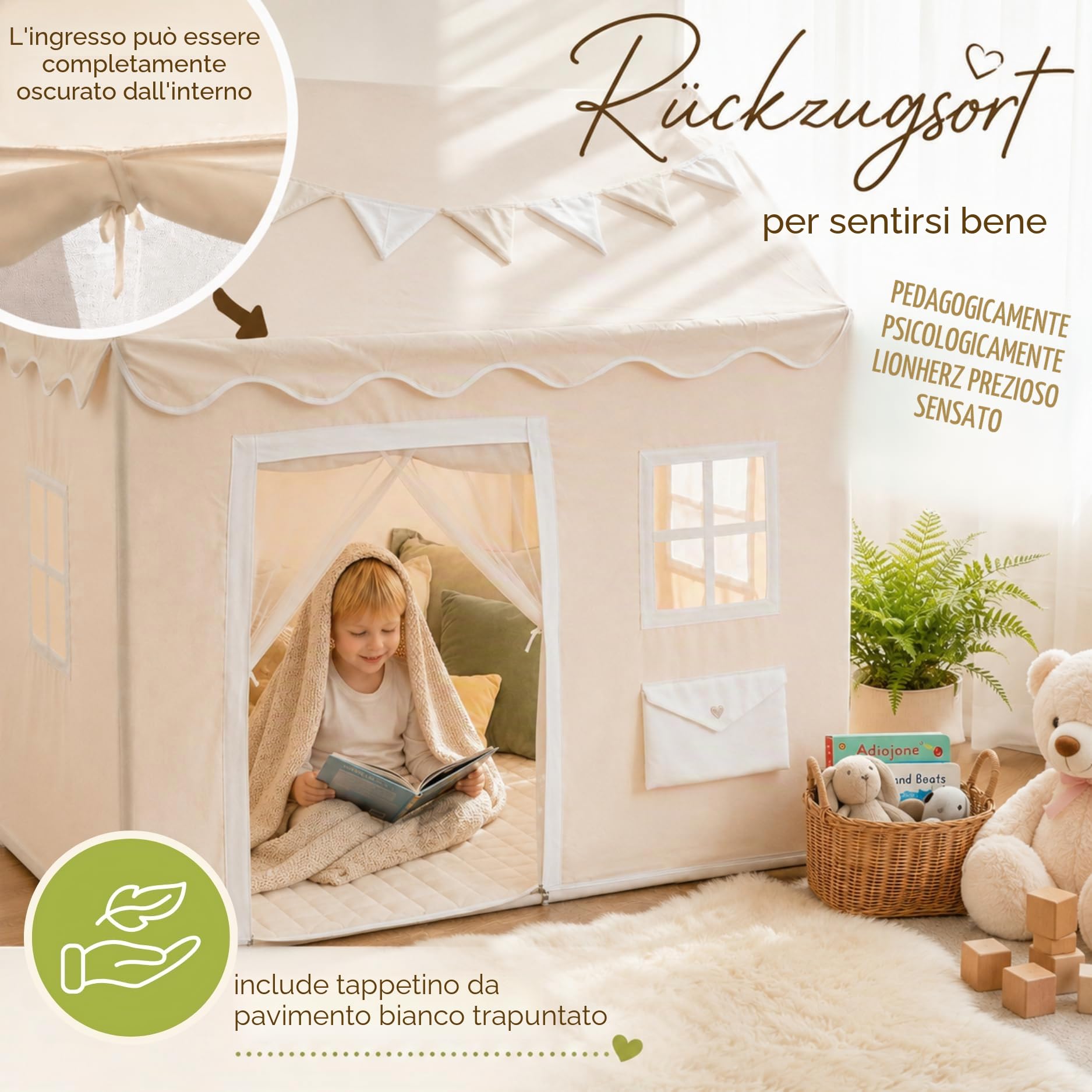 LIONHERZ DAS ORIGINAL - Casetta giocattolo per bambini, con cassetta postale, tenda da gioco per interni con tappeto e ghirlanda, casetta per bambini, con 3 finestre e tenda per porte
