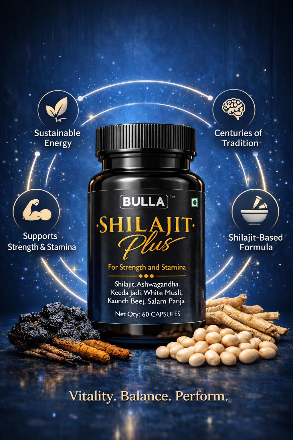BULLA Shilajit/Shilajeet Gold 60 Capsules | For Stamina, Muscle Growth & Energy | Ashwagandha, Keeda Jadi, Kaunch Beej, Safed Musli, Salam Panja & Other Action Herbs & 100% Ayurvedic — Amazon image 10
