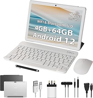 TOSCiDO Android 12 Tablet, 10 Inch 4GB RAM+64GB ROM (TF 1TB) Octa-Core, 4G LTE, 2.4G WIFI, BT 5.0,Dual Camera, 8000mAh,Google GMS Certified Tablet With |Case|Mouse| Keyboard |Earphone|Stylus|Silver