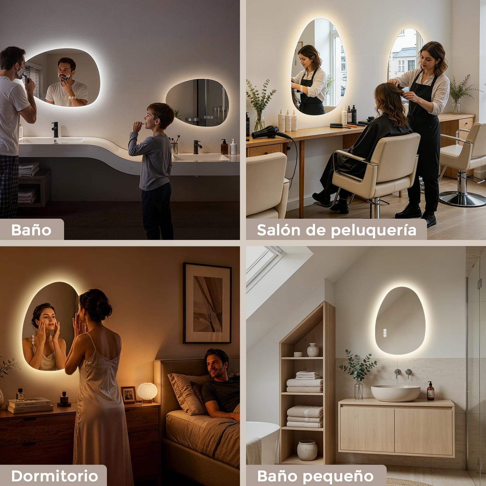 S'AFIELINA Espejo Baño con Luz LED Asimétrico e Irregular 60x45 cm | Espejos de Baño con LED Retroiluminado, Antivaho, Botón Táctil, Regulable, 3 Tonos de Luz, Montaje Horizontal o Vertical
