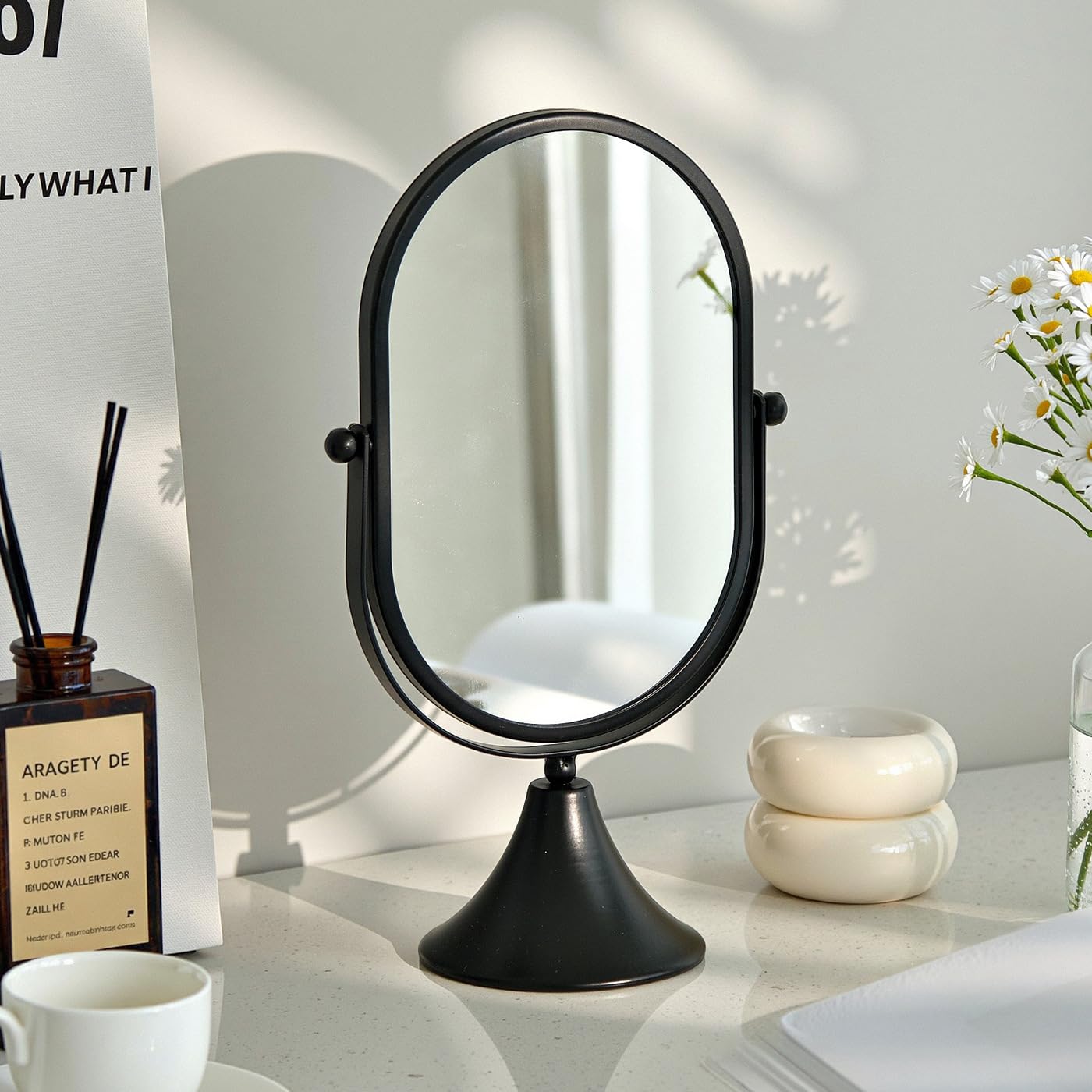 Hosoncovy Desktop Mirror with Stand Metal Frame Vanity Makeup Tabletop Mirror Oval Free Standing for Bathroom Bedroom (Black)