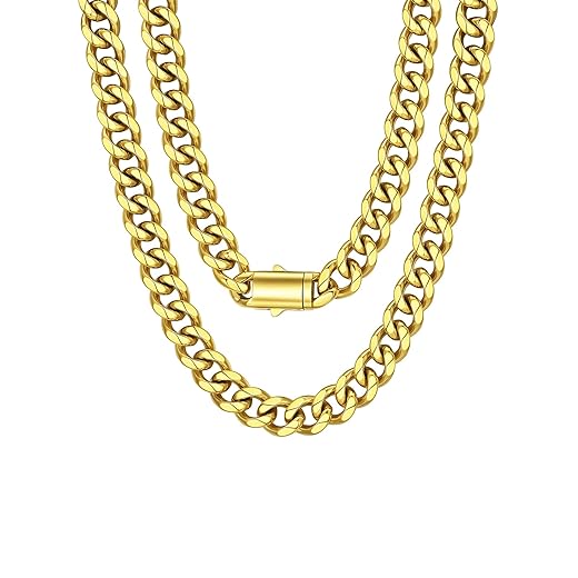 Richsteel Cuban Link Chain for Men, Mens Stainless Steel Miami Curb Chains Necklace 6/9/12mm Width Gold/Silver/Black Plated Non-Tarnish Trendy Jewelry 18-30 Inch