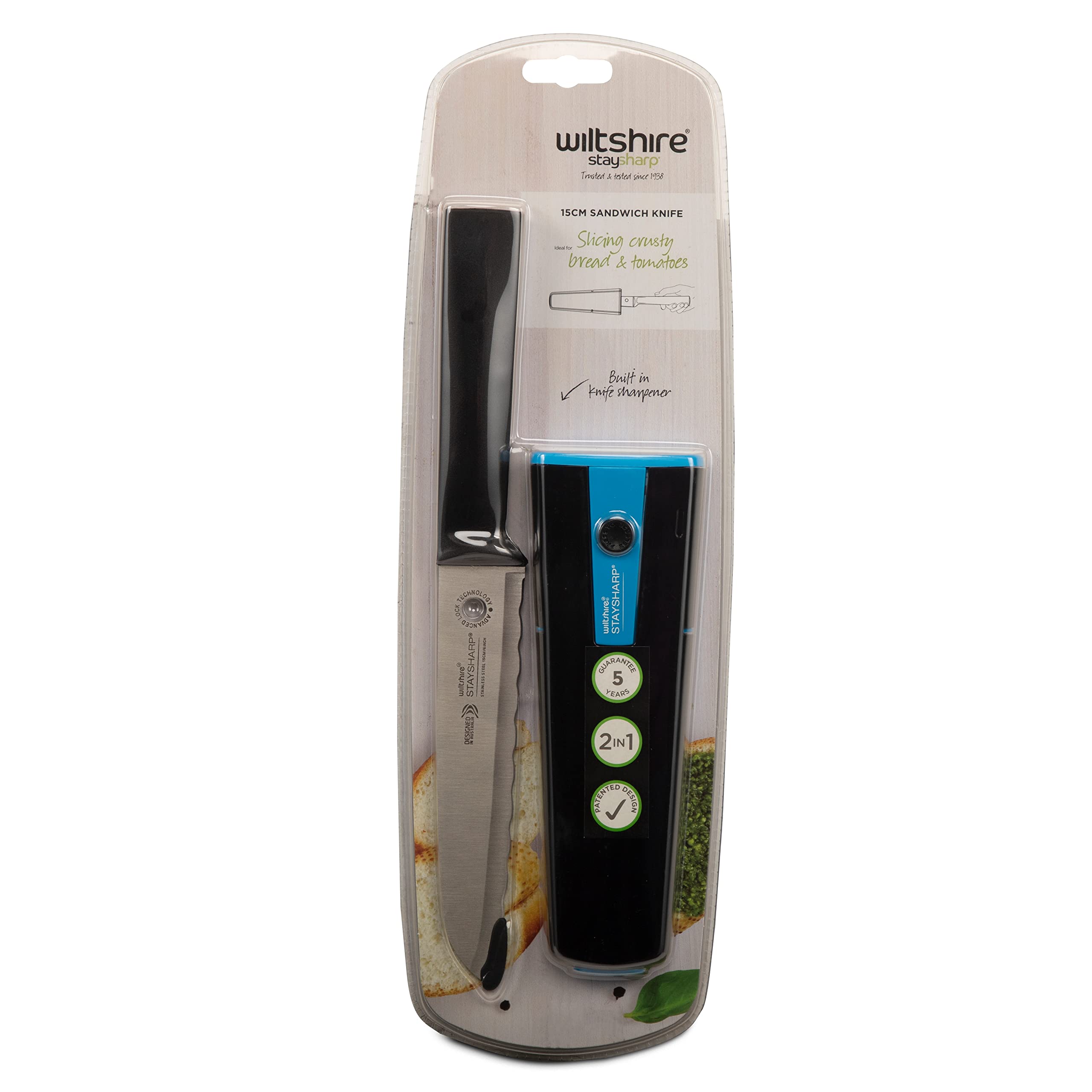 Wiltshire Stainless Steel “Stay Sharp” Sandwich Knife, 15 Cm | Clean, Smooth & Precise Cuts | Serrated Edge & Ergonomic Handle | Scabbard with Built-in Sharpener