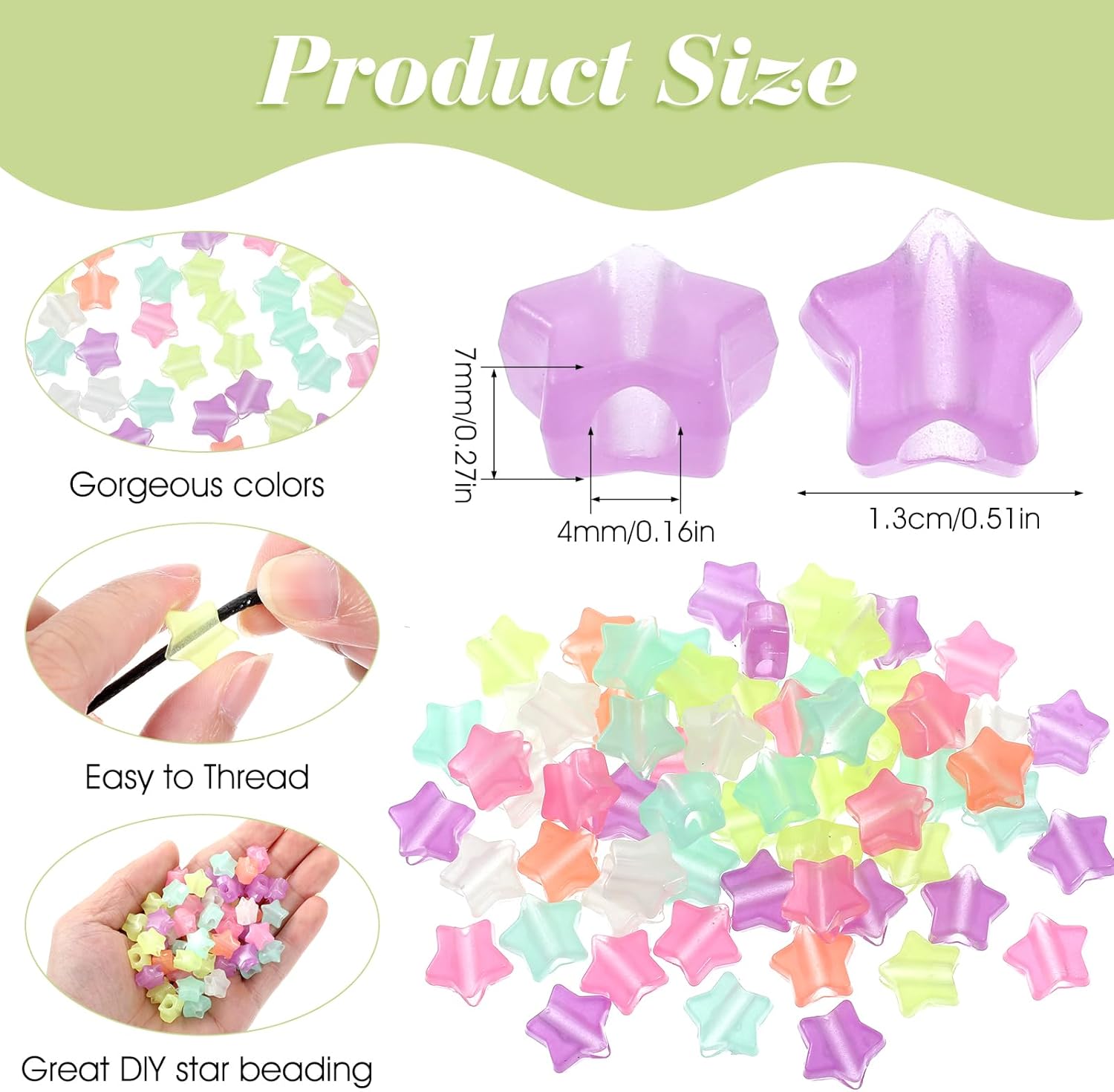 100 Pcs Glow in The Dark Star Beads, 13mm Colored Luminous Star Beads, Acrylic Stars Pony Bead Bulk for Bracelets Making Necklace Hair Braids Earring Keychains DIY String Craft Projects - Image 2