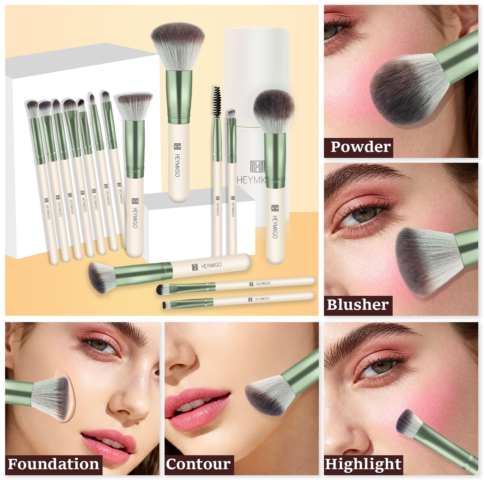 HEYMKGO Set Pennelli Make Up 15 Pezzi Pennelli Trucco con Porta Pennelli Make Up da Viaggio Premium Setole Sintetiche per Fondotinta Kabuki Cipria Correttori Fard Ombretto Illuminante e Sopracciglia