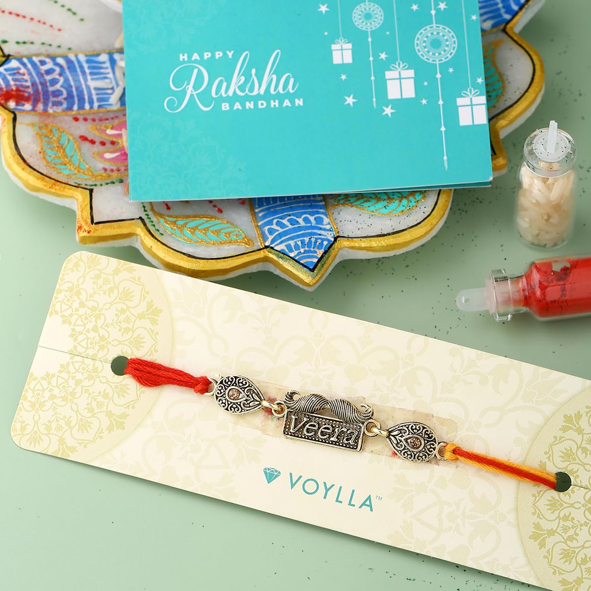 Antique Veera Rakhi With Roli Chawal Pack