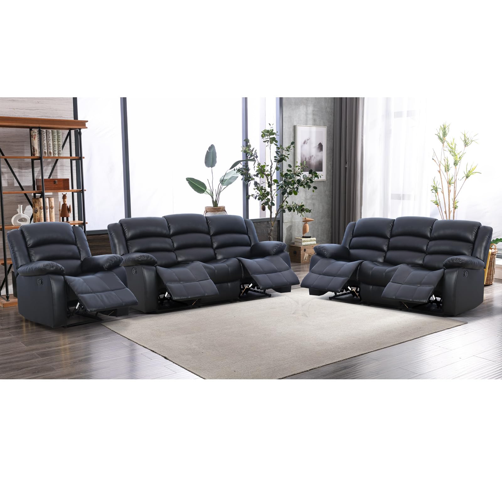 EBELLO Manual Recliner Sofa Set, Faux Leather Reclining Couch Furniture Set for Living Room, Includes 1 Recliner Chair and 2 3-Seater Reclining Couch for Home Theater and Office, Black view 6