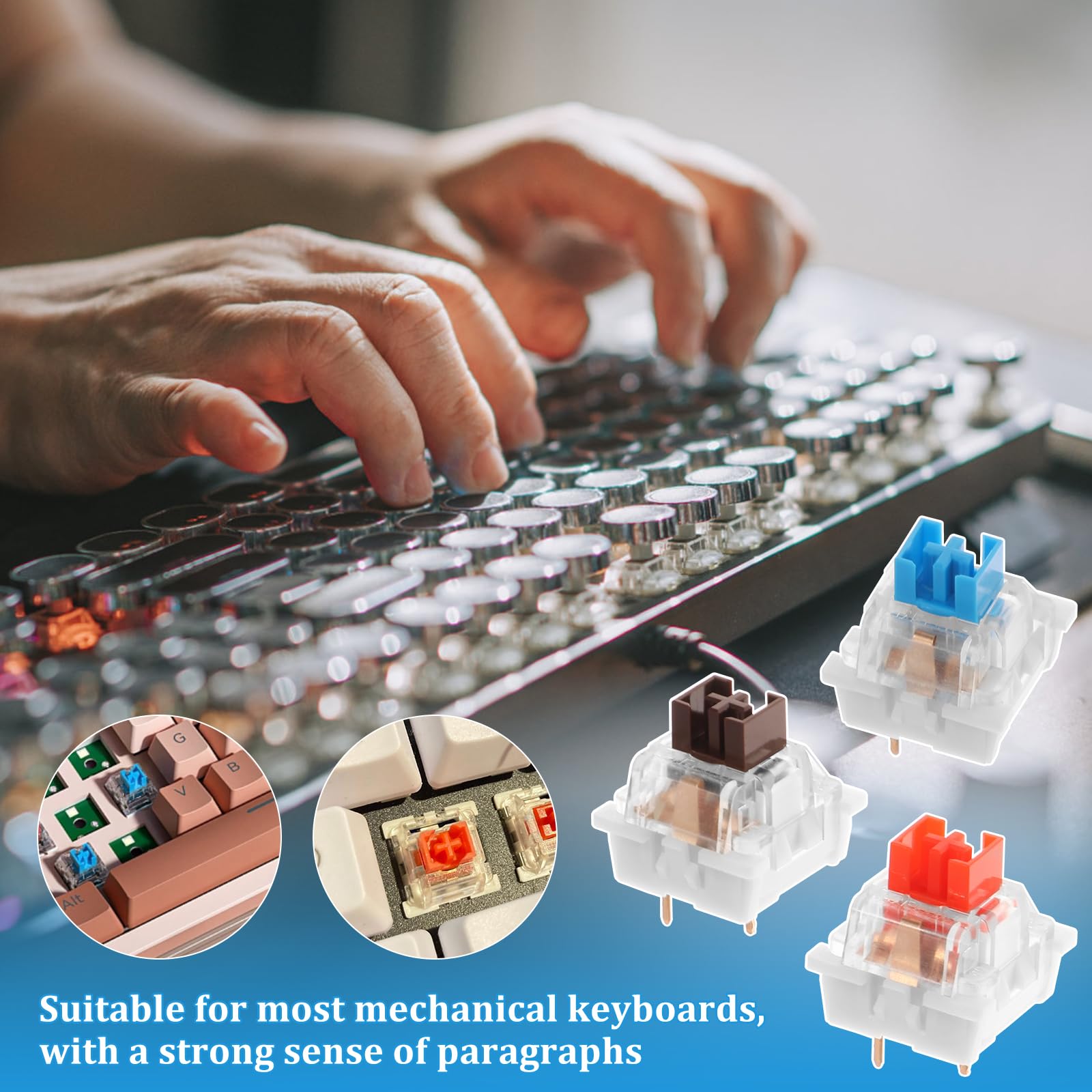Mechaniczne przełączniki do klawiatury, 150 szt., mechaniczna klawiatura do gier, klikalna, dotykowa, kompatybilna z diodami LED, pyłoszczelna, wodoodporna, wymienna DIY, w tym niebieska