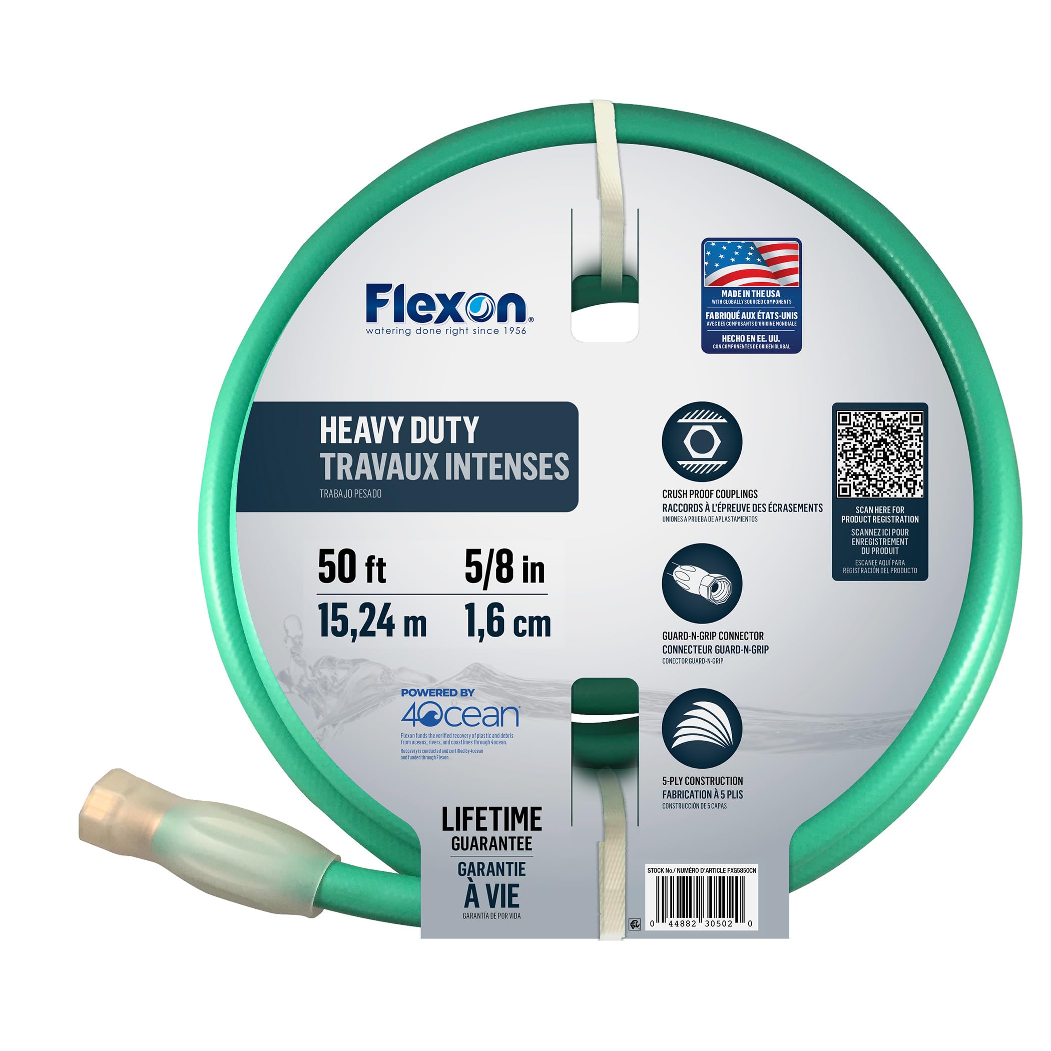 5/8-Inch x 50-Foot Heavy Duty 5-Ply Forever Garden Hose by Flexon – 5/8", Rubber, Green, Model FXG5850