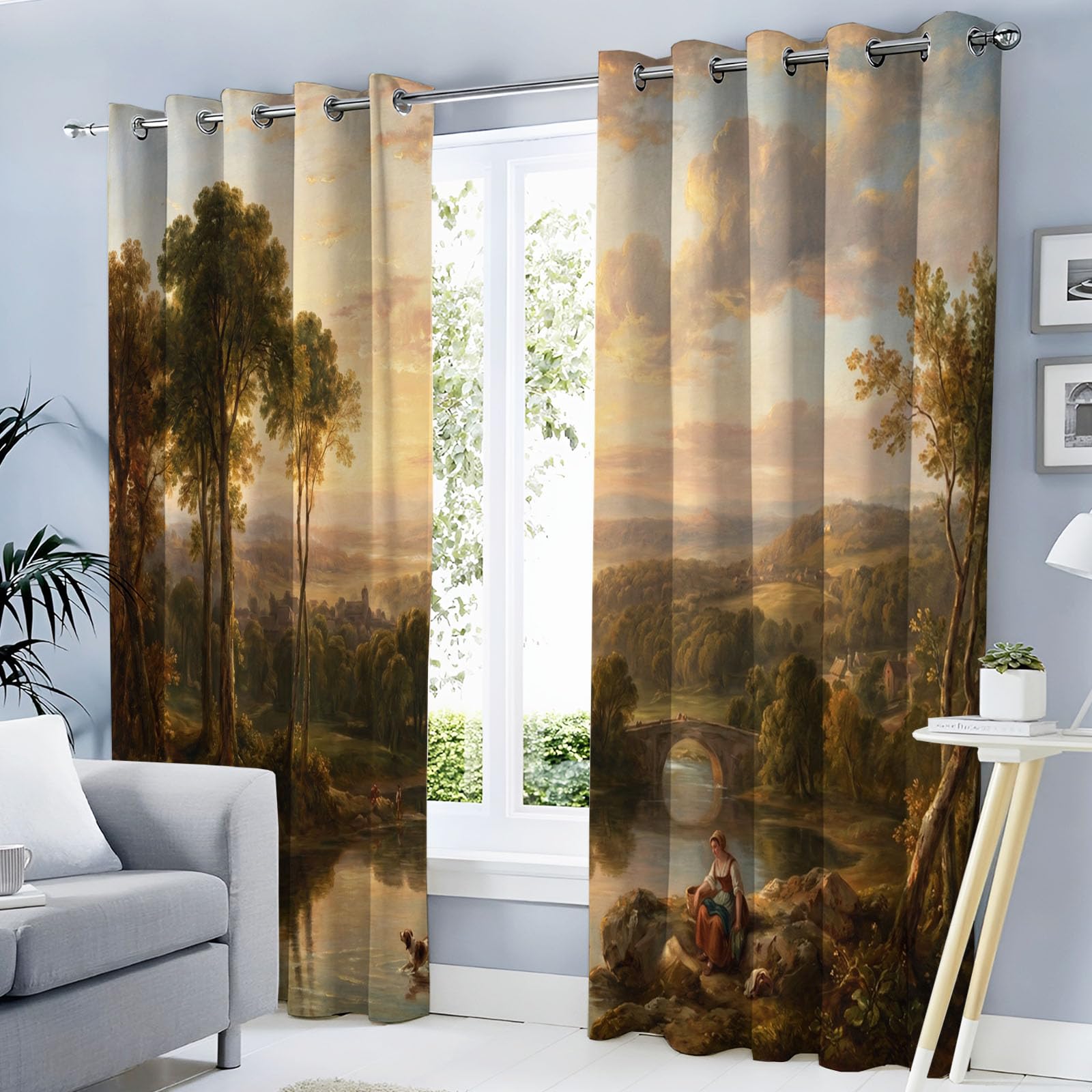 Rideaux Arbres et Rivière Verts 117x183 cm pour Salon Style Campagne