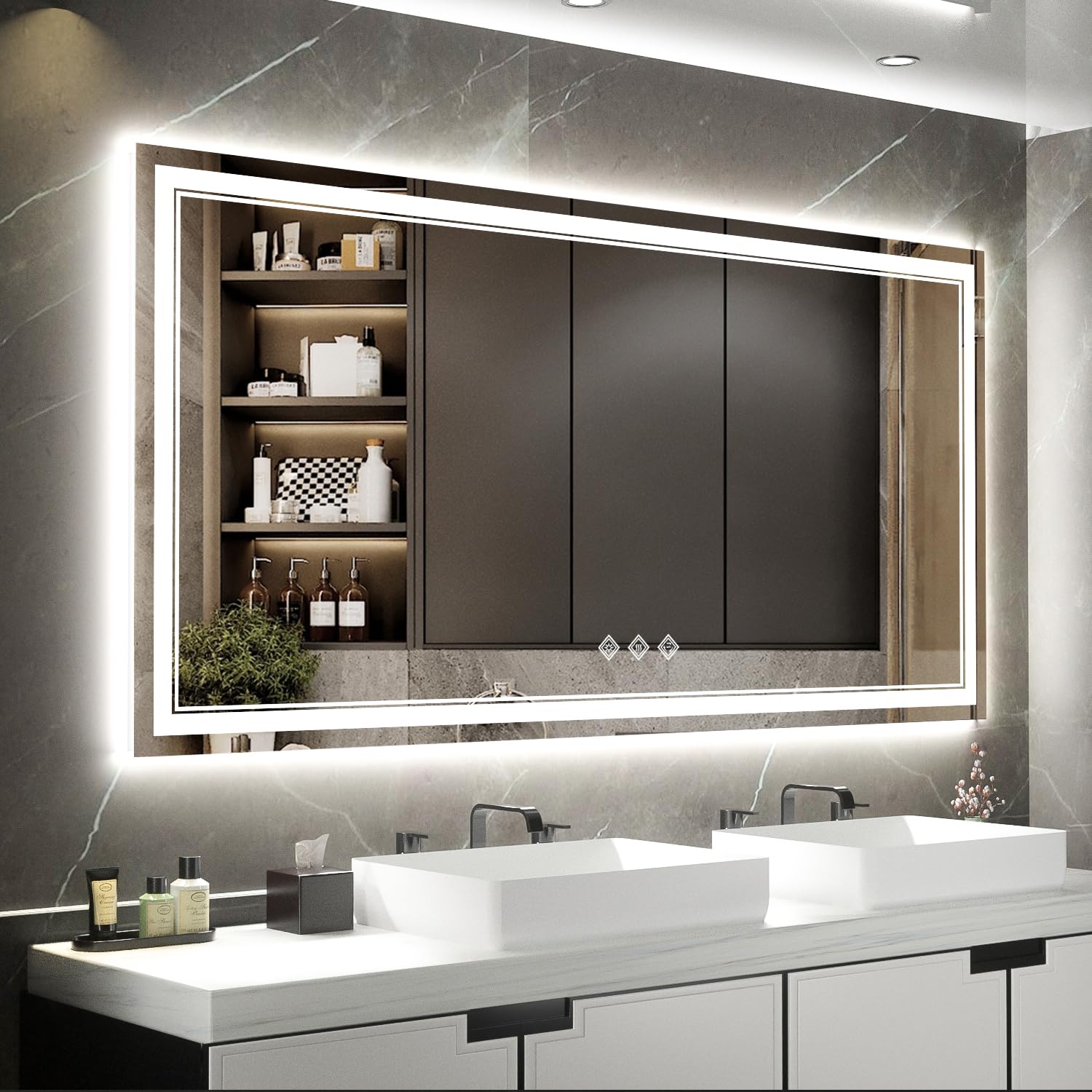 LED Bathroom Mirror with Lights, 72x36 Inch Gradient Front and Backlight LED Mirror, 3 Colors Dimmable CRI>90 Double Light, IP54 Enhanced Anti-Fog, Hanging Plates Wall Mount Bathroom Mirror