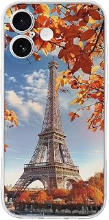 Clear Phone Case for iPhone 17 Case, Paris Eiffel Tower with Autumn Leaves Prints Shockproof TPU Cell Cover with Wireless Charging, Anti-Yellowing, Transparent