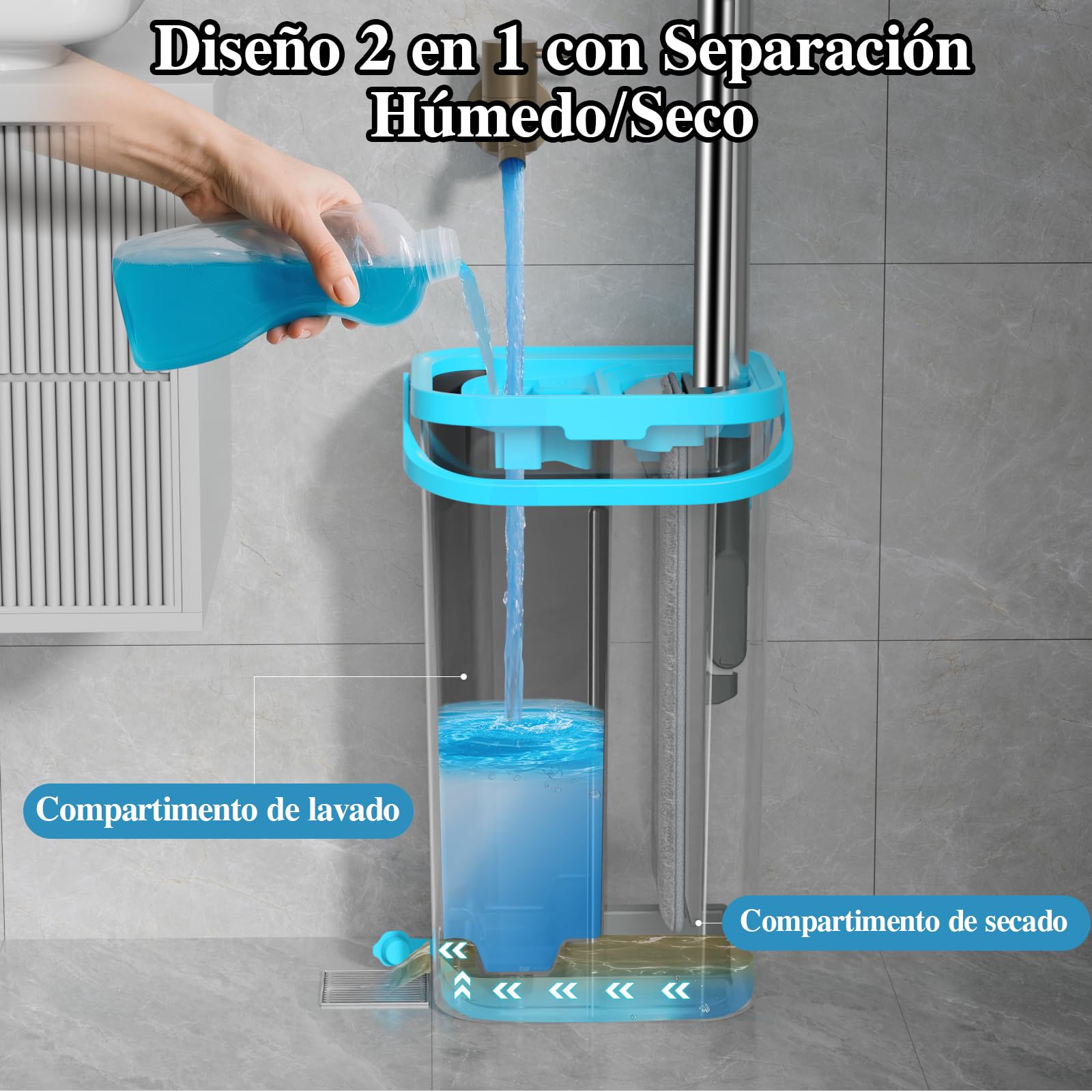 MASTERTOP Mopa Fregona y Cubo Escurridor para Limpieza Suelos Mopa Plana Microfibra con Cubo Dos Compartimentos y 4 Almohadillas Reutilizables para Madera Parquet Azulejo (Gris Oscuro)