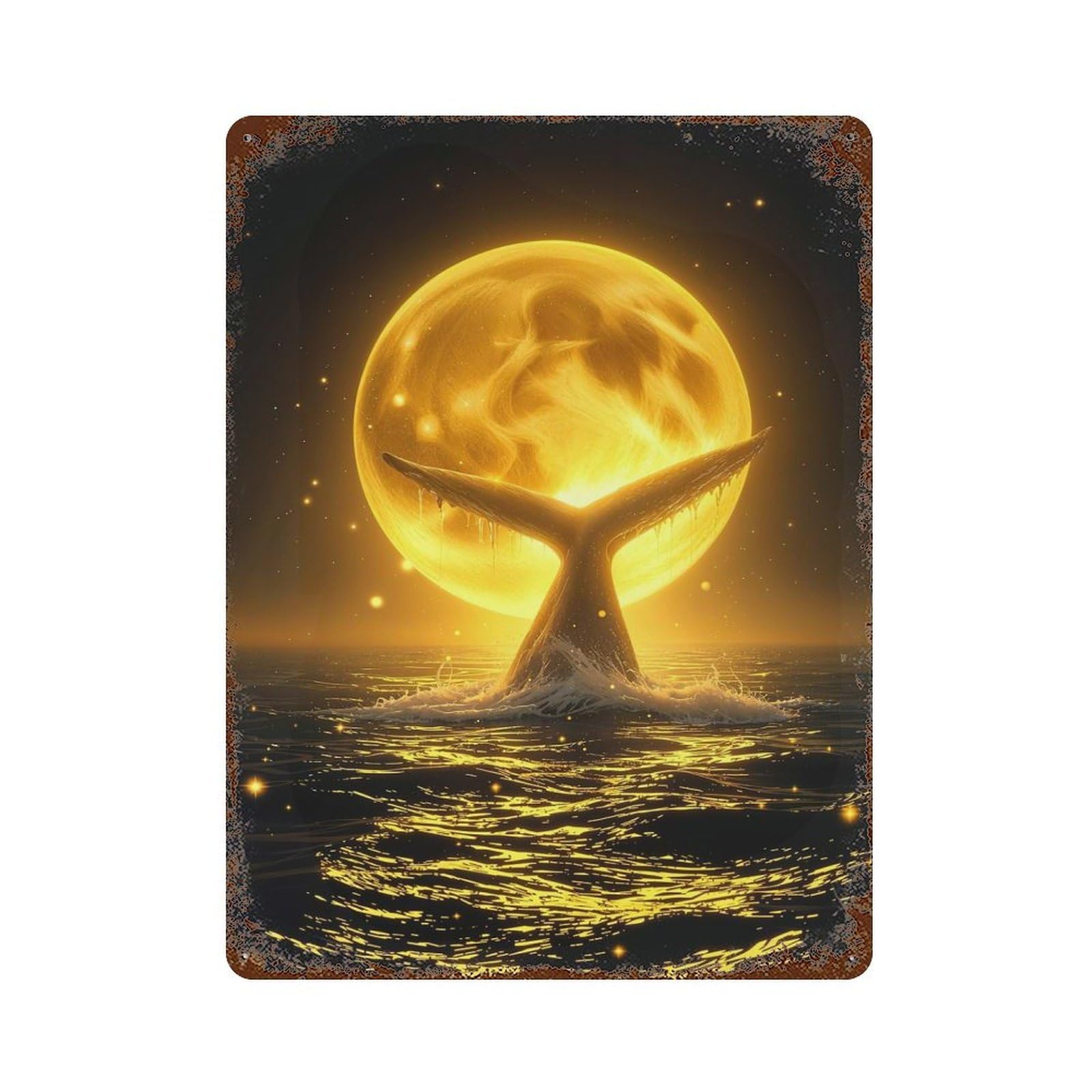 Rust Effect Water Splashing Around Celestial Whale Moonlit Ocean Night Vintage Rust Metal Sign 15.7"x11.8", Rustic Home Decor for Farmhouse, Kitchen And Entryway Decor